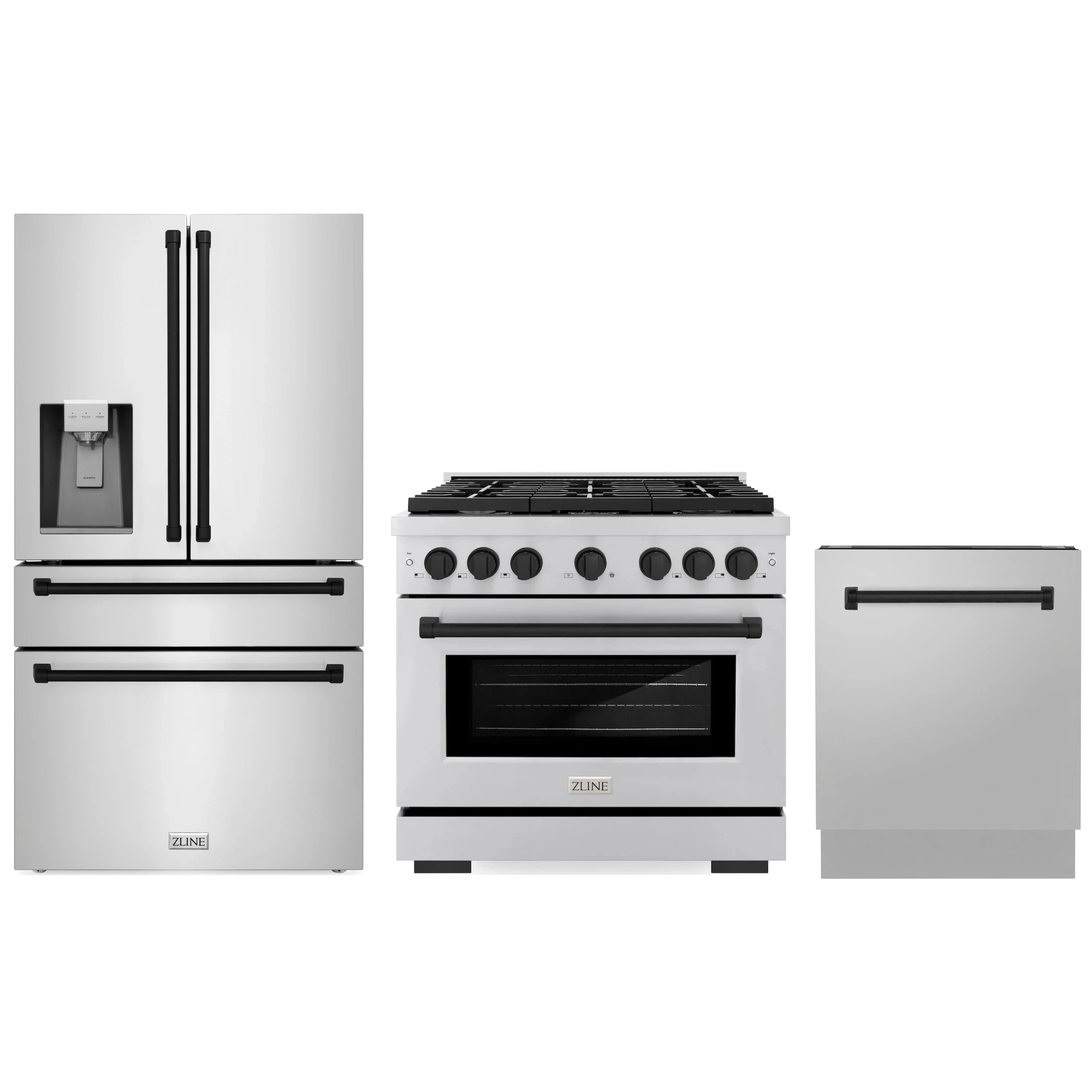 Three-piece appliance package with stainless refrigerator, gas range, and dishwasher