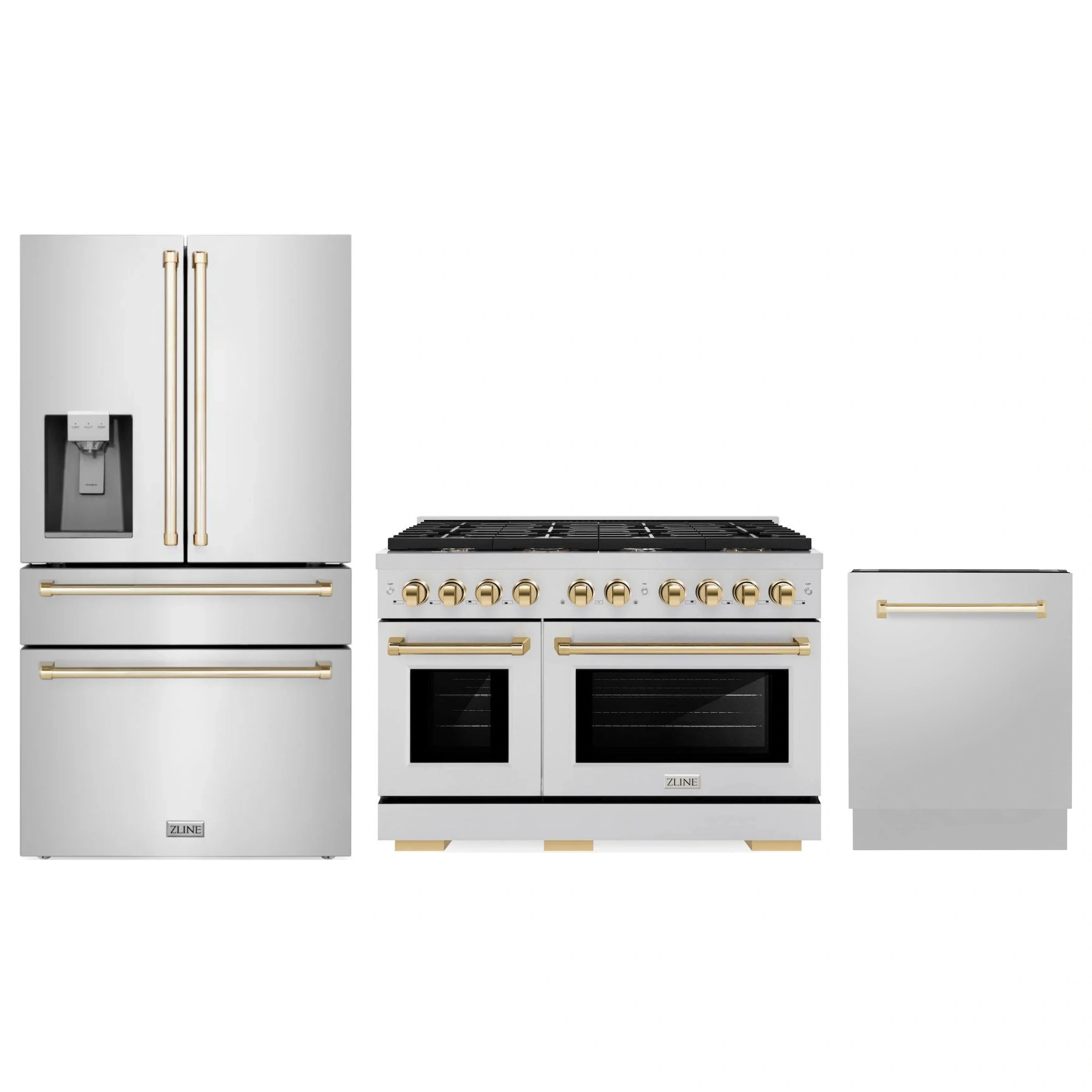 Stainless steel appliance package with gold accents: gas range, refrigerator, dishwasher