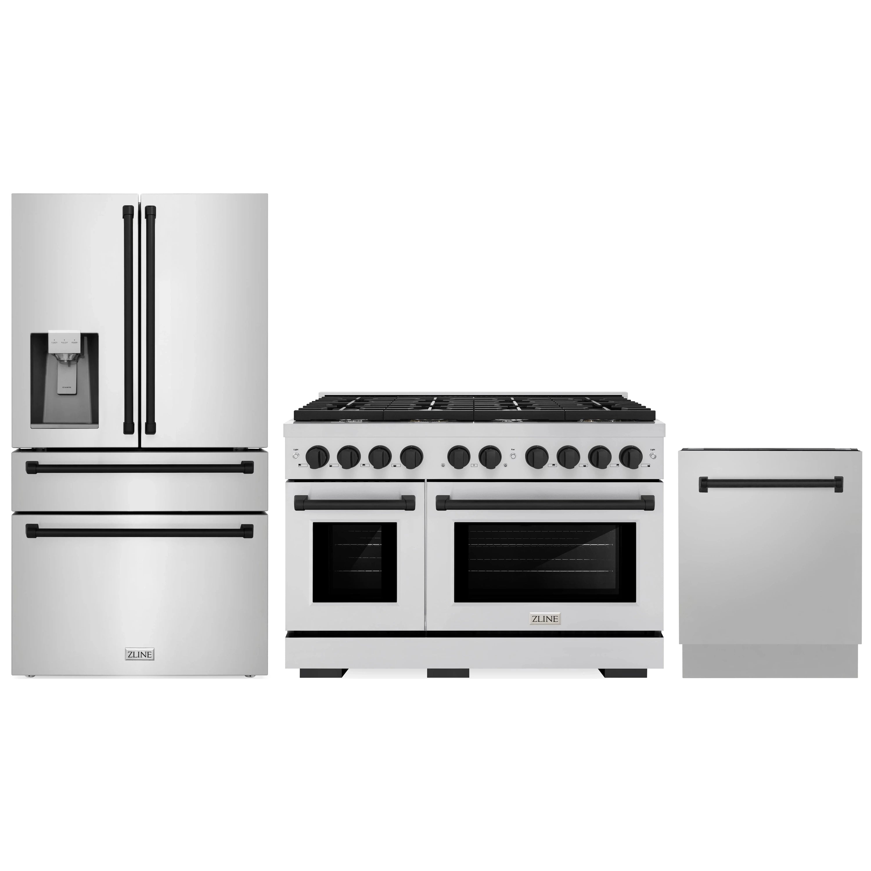 Stainless steel French door refrigerator, gas range, and dishwasher with matte black handles