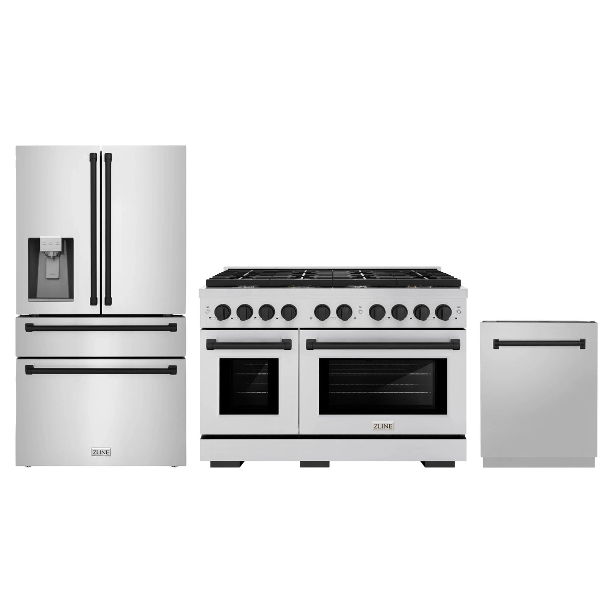 ZLINE 3-Piece Appliance Package - 48-Inch Paramount Autograph Gas Range, 36-Inch French Door Refrigerator with Water Dispenser, Dishwasher, in Stainless Steel with Matte Black Accents