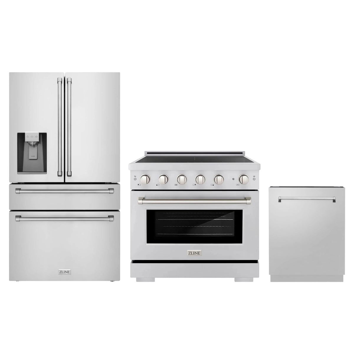 ZLINE 3-Piece Appliance Package - 36-Inch Paramount Induction Range, 36-Inch French Door Refrigerator with Water Dispenser, and Dishwasher in Stainless Steel