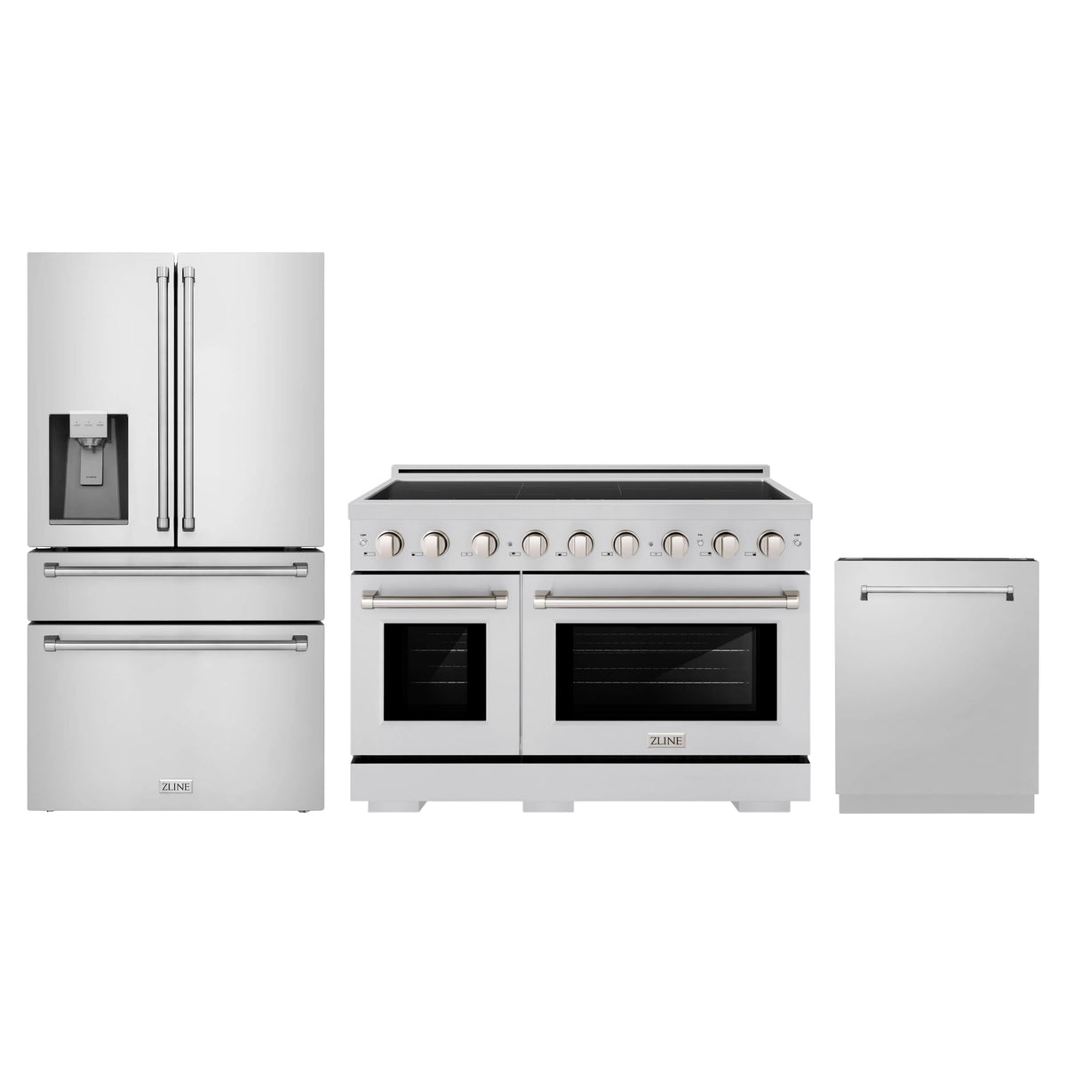 ZLINE 3-Piece Appliance Package - 48-Inch Paramount Induction Range, 36-Inch French Door Refrigerator with Water Dispenser, and Dishwasher in Stainless Steel