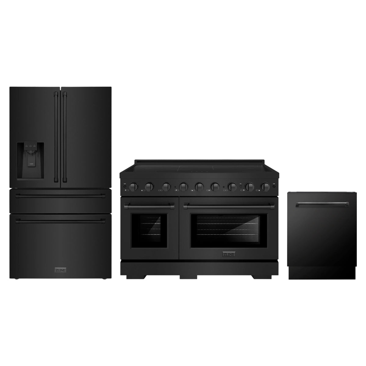 ZLINE 3-Piece Appliance Package - 48-Inch Paramount Induction Range, 36-Inch French Door Refrigerator with Water Dispenser, and Dishwasher in Black Stainless Steel