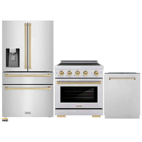 ZLINE 3-Piece Appliance Package - 30-Inch Paramount Induction Range, Refrigerator with Water Dispenser, and Dishwasher in Stainless Steel with Champagne Bronze Trim