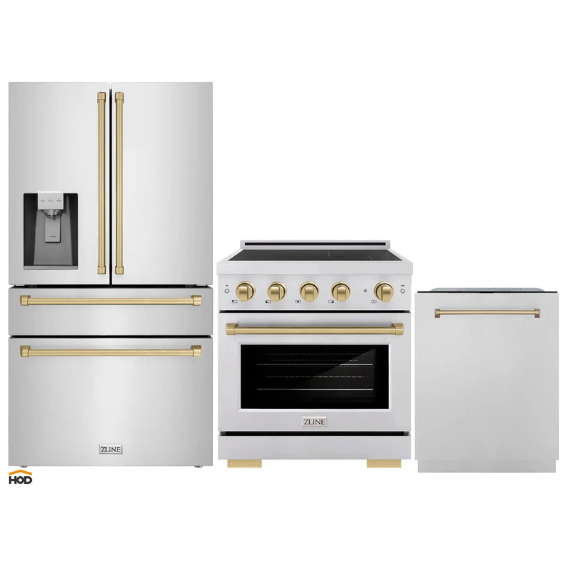 ZLINE 3-Piece Appliance Package - 30-Inch Paramount Induction Range, Refrigerator with Water Dispenser, and Dishwasher in Stainless Steel with Champagne Bronze Trim