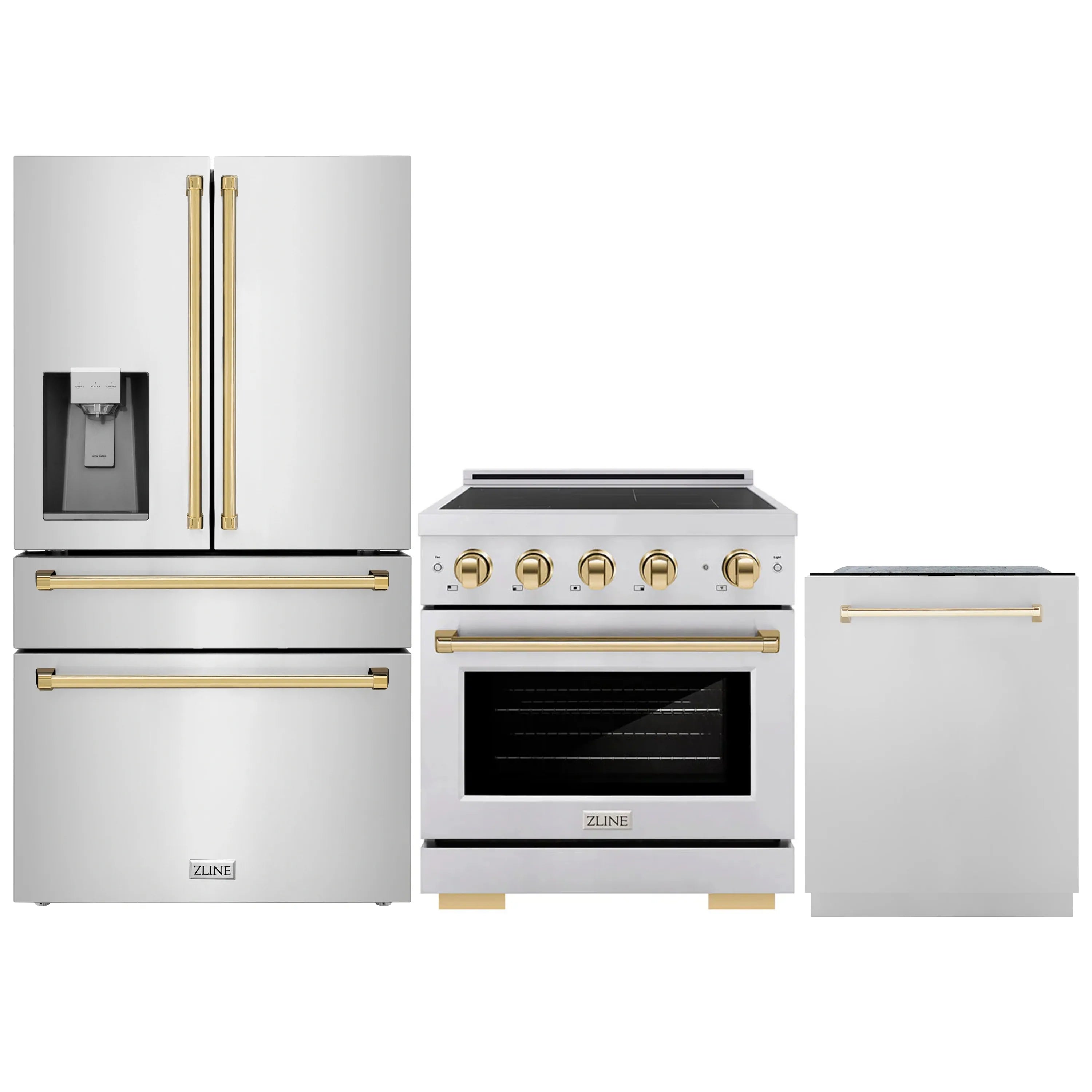 3-piece appliance package: induction range, refrigerator, and dishwasher with gold trim