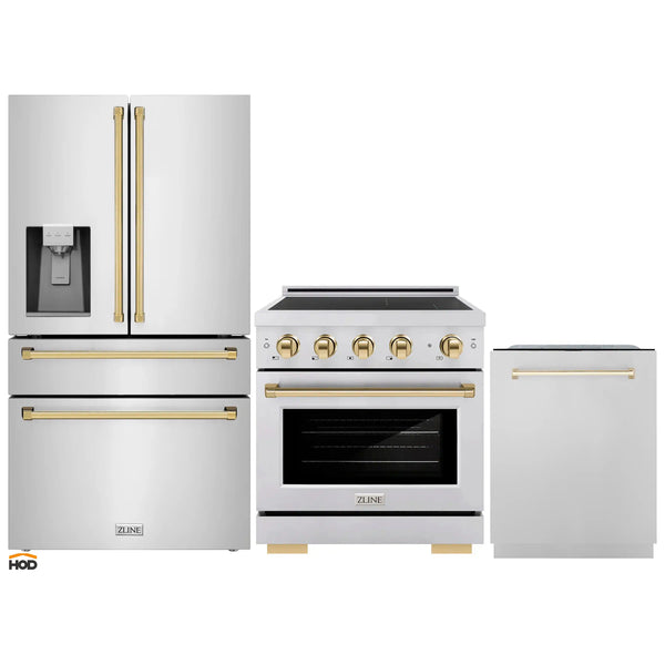 ZLINE 3-Piece Appliance Package - 30-Inch Paramount Induction Range, Refrigerator with Water Dispenser, and Dishwasher in Stainless Steel with Polished Gold Trim