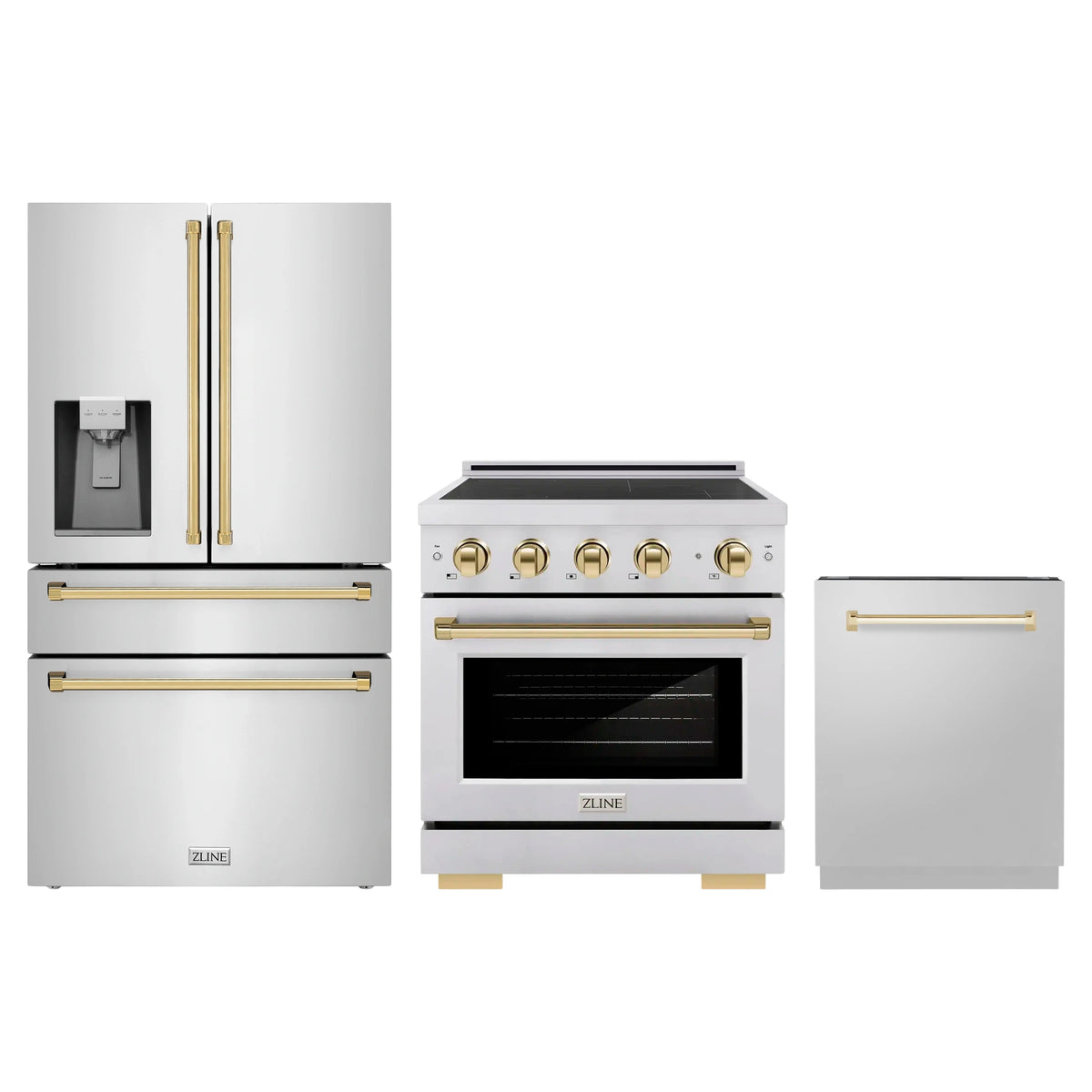 ZLINE 3-Piece Appliance Package - 30-Inch Paramount Induction Range, Refrigerator with Water Dispenser, and Dishwasher in Stainless Steel with Polished Gold Trim