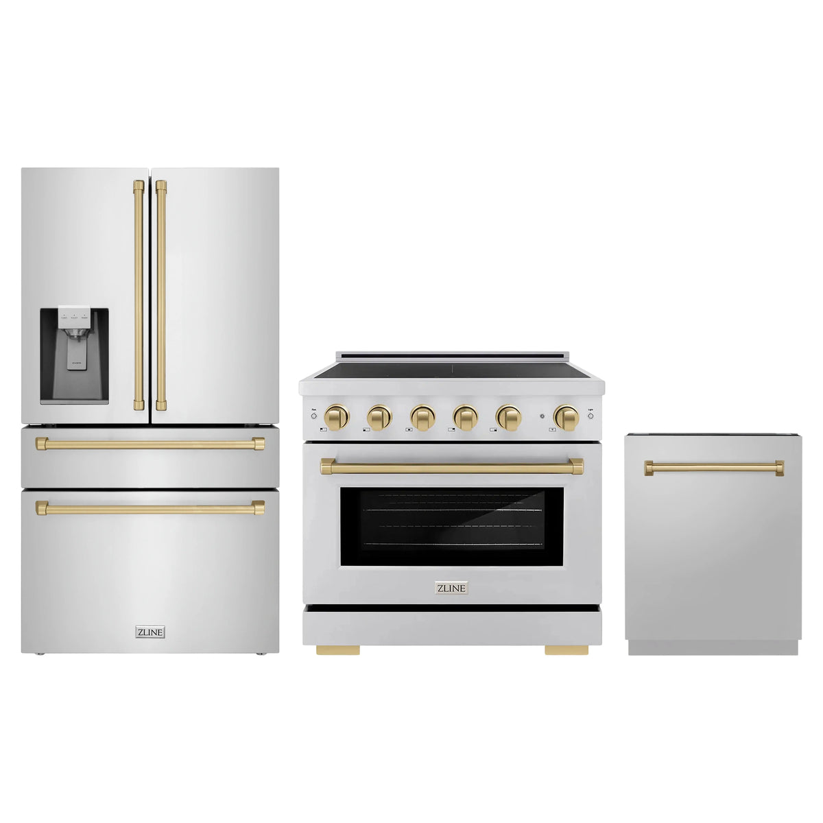 ZLINE 3-Piece Appliance Package - 36-Inch Paramount Induction Range, Refrigerator with Water Dispenser, and Dishwasher in Stainless Steel with Champagne Bronze Trim