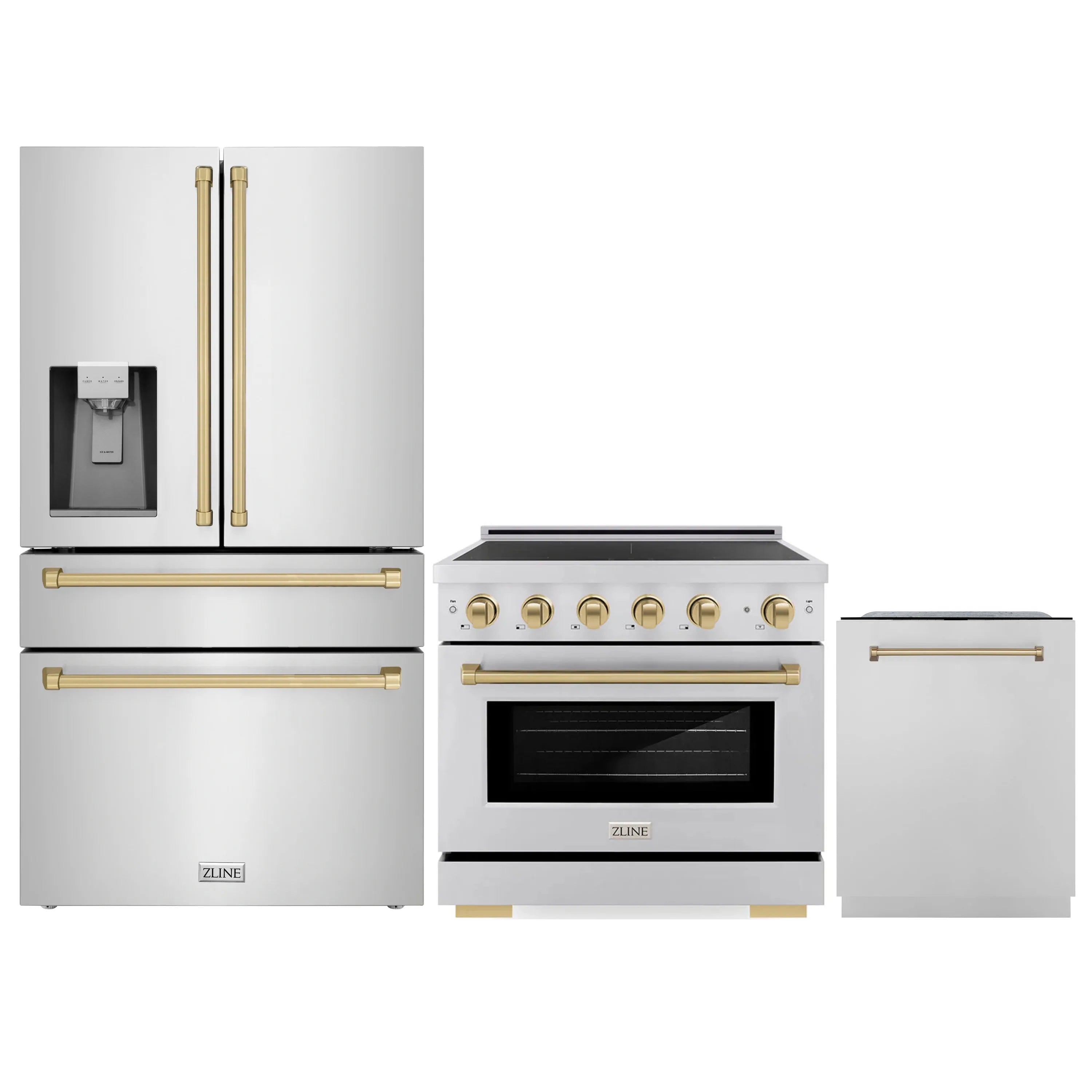 Stainless steel appliance package with champagne bronze trim: range, refrigerator, dishwasher