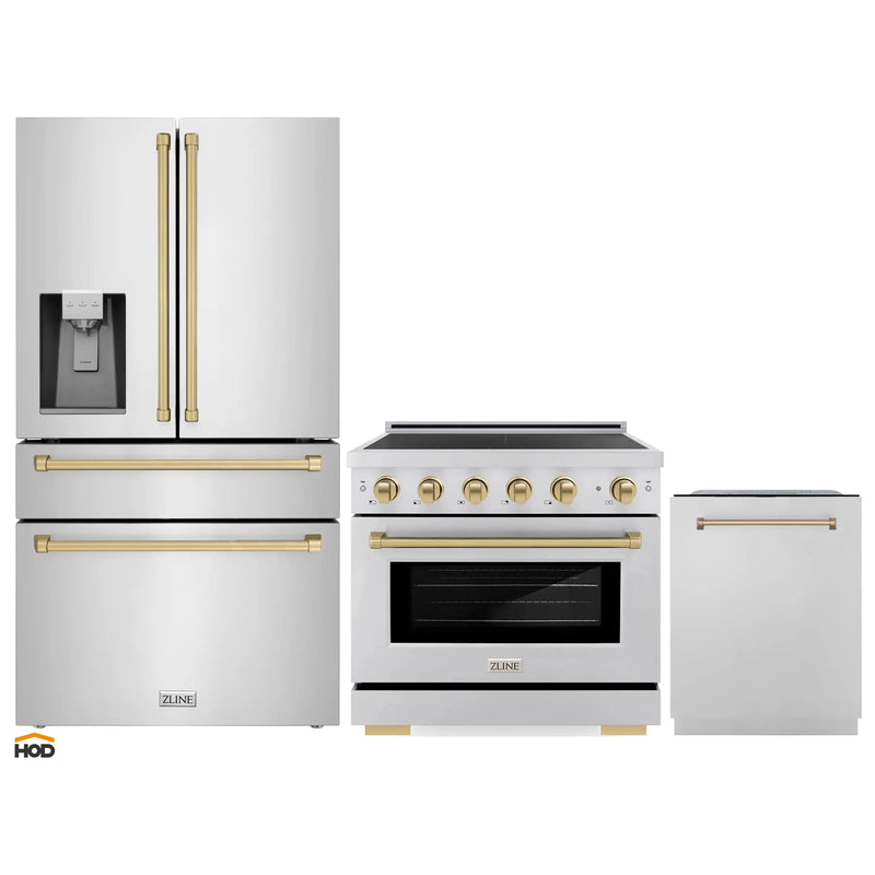 ZLINE 3-Piece Appliance Package - 36-Inch Paramount Induction Range, Refrigerator with Water Dispenser, and Dishwasher in Stainless Steel with Champagne Bronze Trim