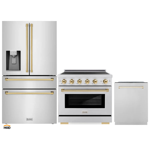 ZLINE 3-Piece Appliance Package - 36-Inch Paramount Induction Range, Refrigerator with Water Dispenser, and Dishwasher in Stainless Steel with Polished Gold Trim
