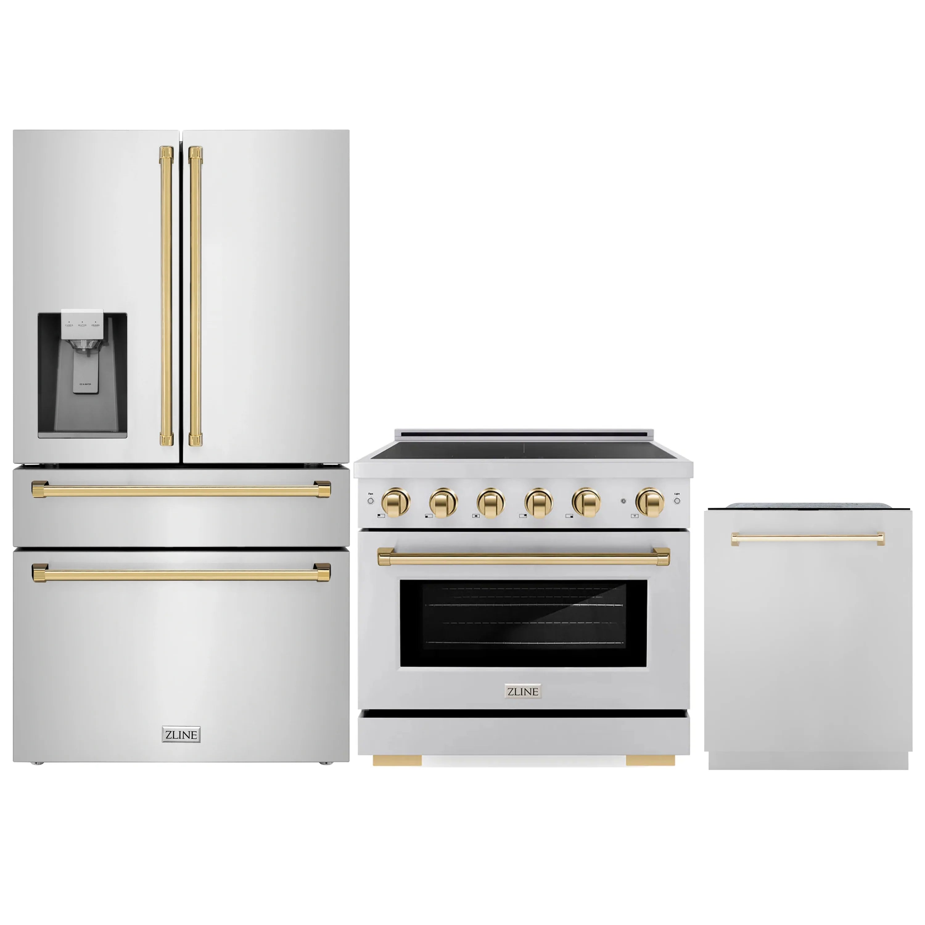 3-piece appliance package with range, refrigerator, and dishwasher in gold trim