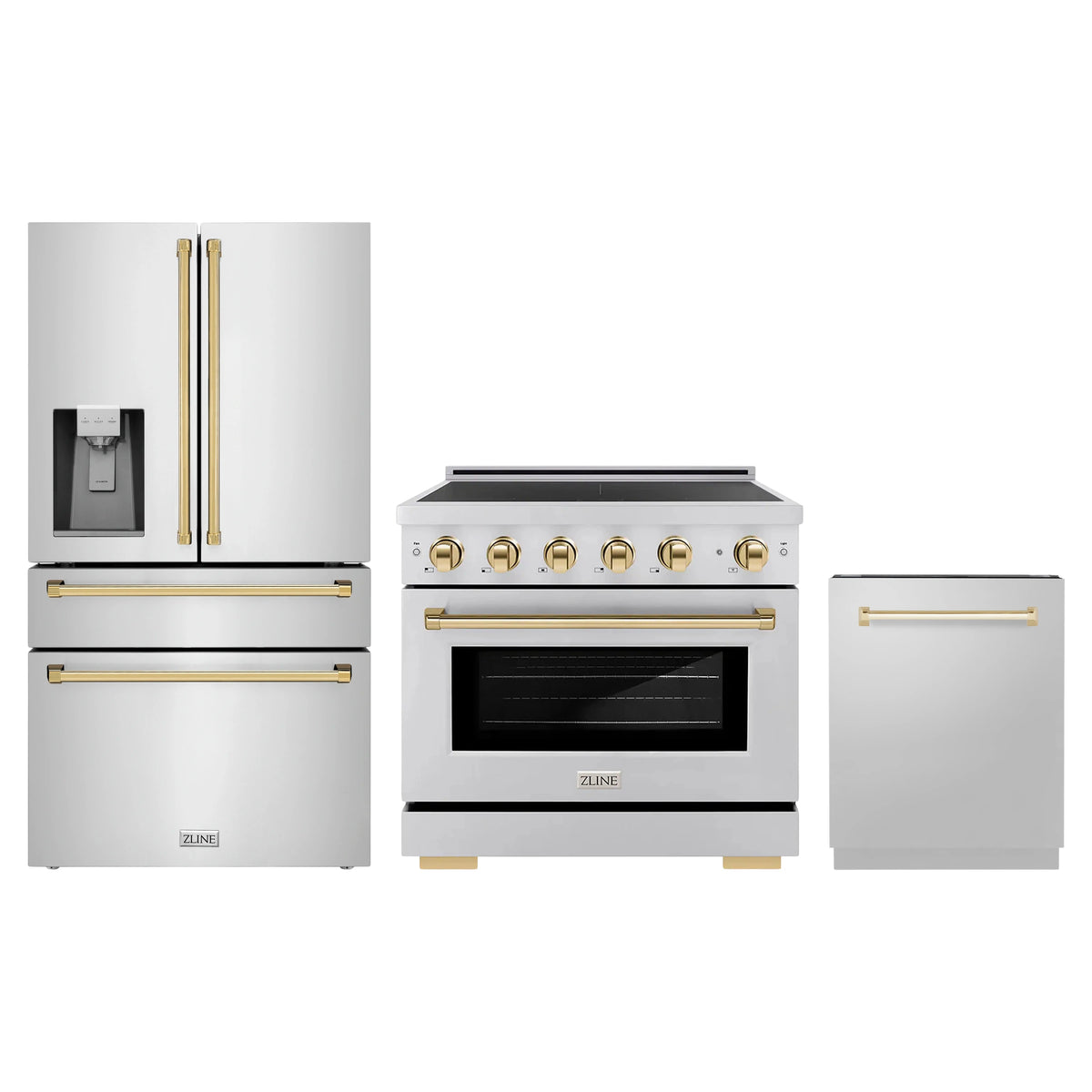 ZLINE 3-Piece Appliance Package - 36-Inch Paramount Induction Range, Refrigerator with Water Dispenser, and Dishwasher in Stainless Steel with Polished Gold Trim