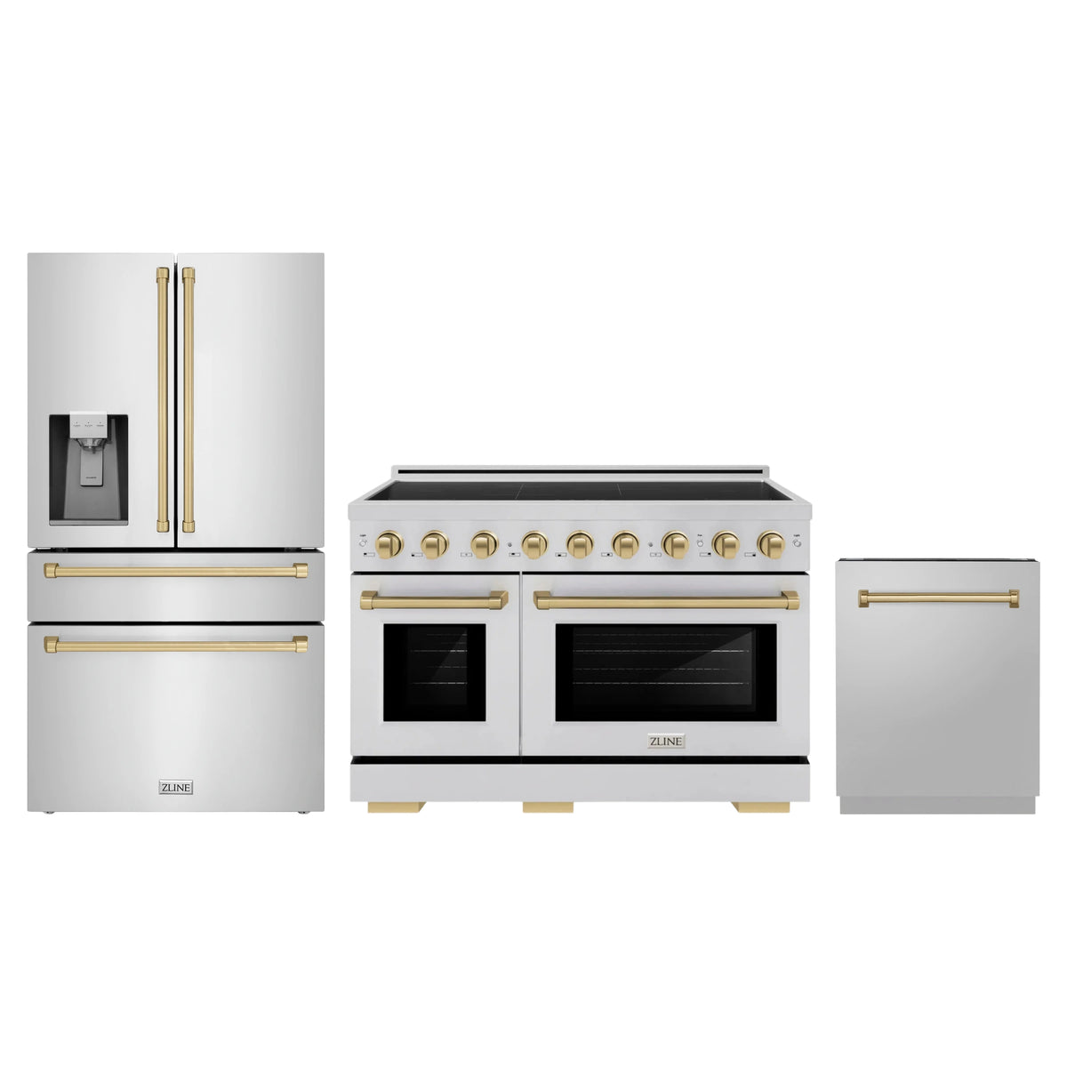 ZLINE 3-Piece Appliance Package - 48-Inch Paramount Induction Range, Refrigerator with Water Dispenser, and Dishwasher in Stainless Steel with Champagne Bronze Trim