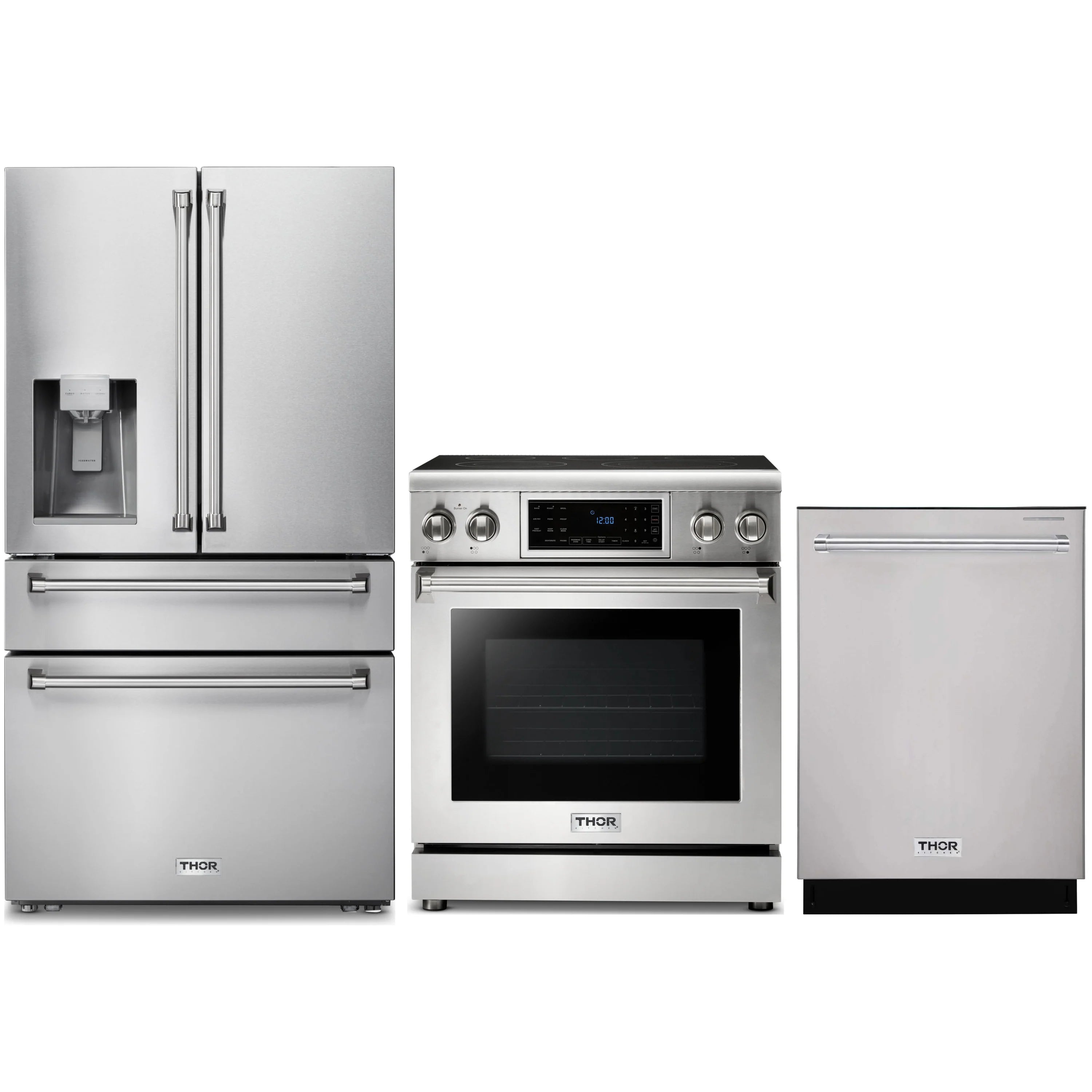 Stainless 3-piece kitchen appliance package: refrigerator, electric range, dishwasher