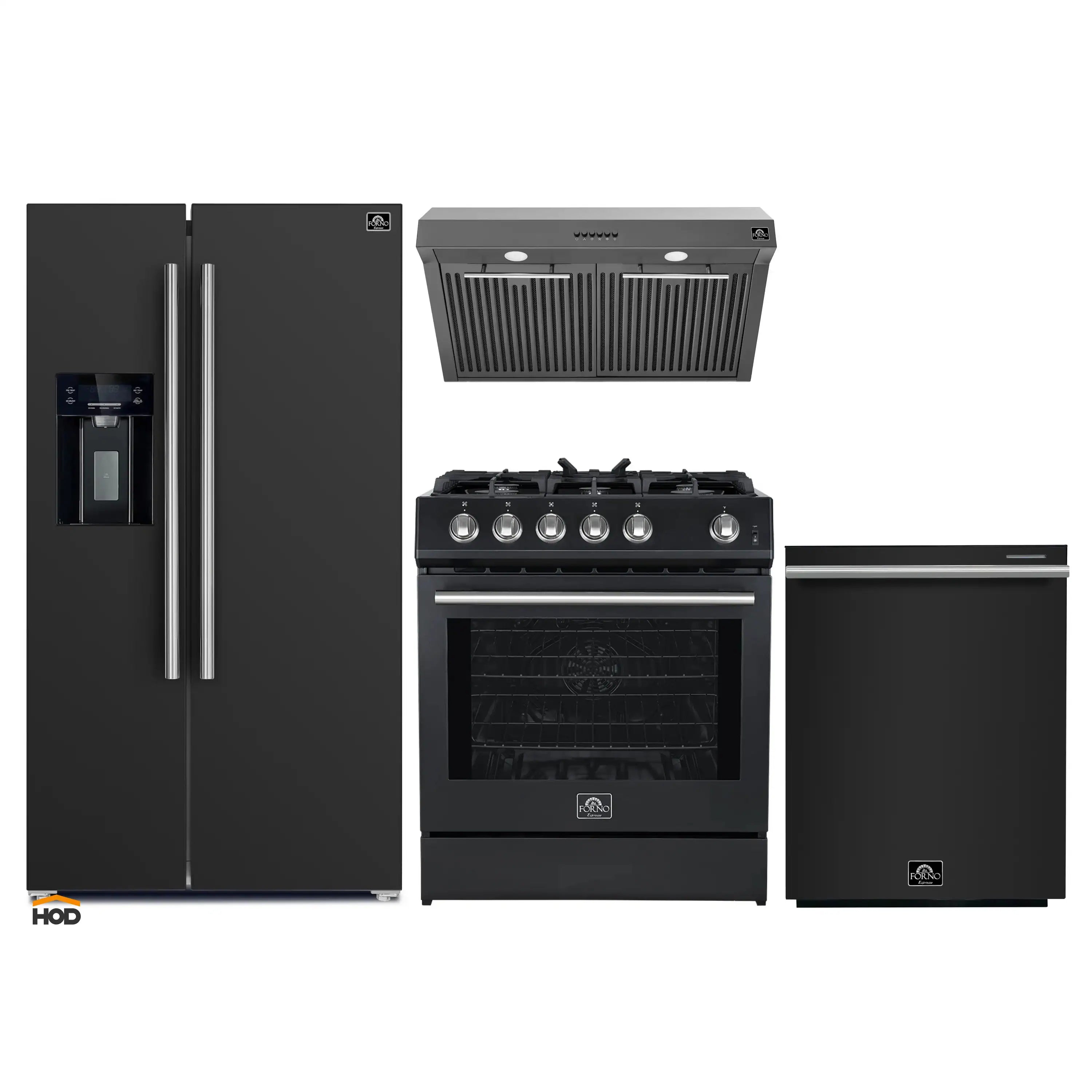 4-piece black appliance set with refrigerator, gas range, range hood, and dishwasher.