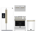 Forno 4-Piece Appliance Package - 30-Inch Gas Range, Under Cabinet Range Hood, Refrigerator with Water Dispenser, and Dishwasher in White with Antique Brass Trim