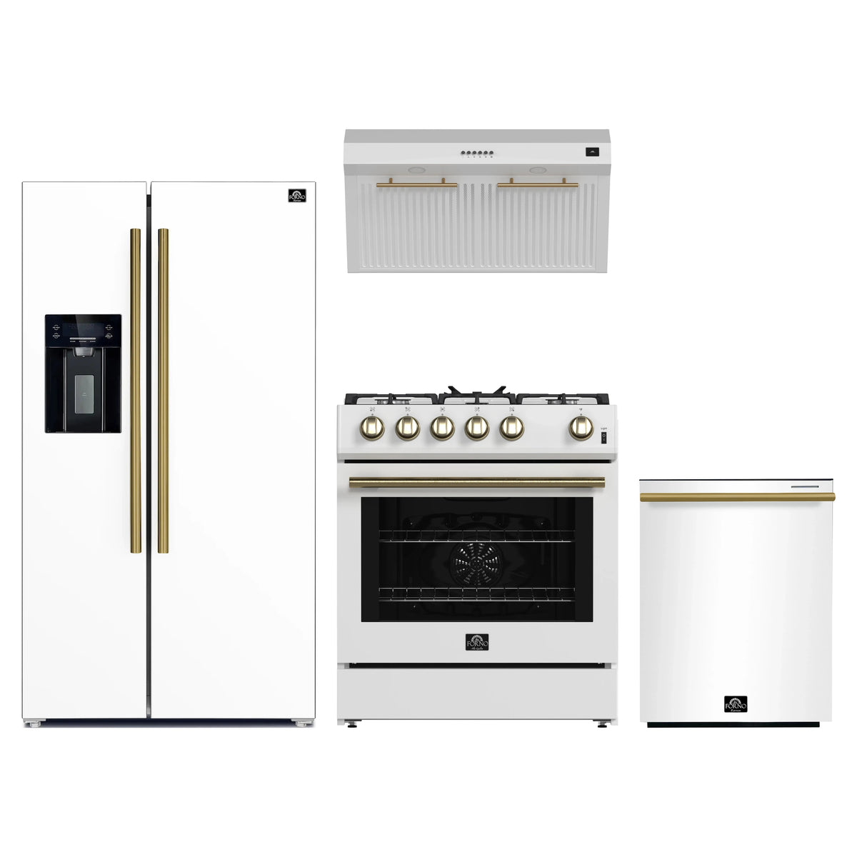 Forno 4-Piece Appliance Package - 30-Inch Gas Range, Under Cabinet Range Hood, Refrigerator with Water Dispenser, and Dishwasher in White with Antique Brass Trim