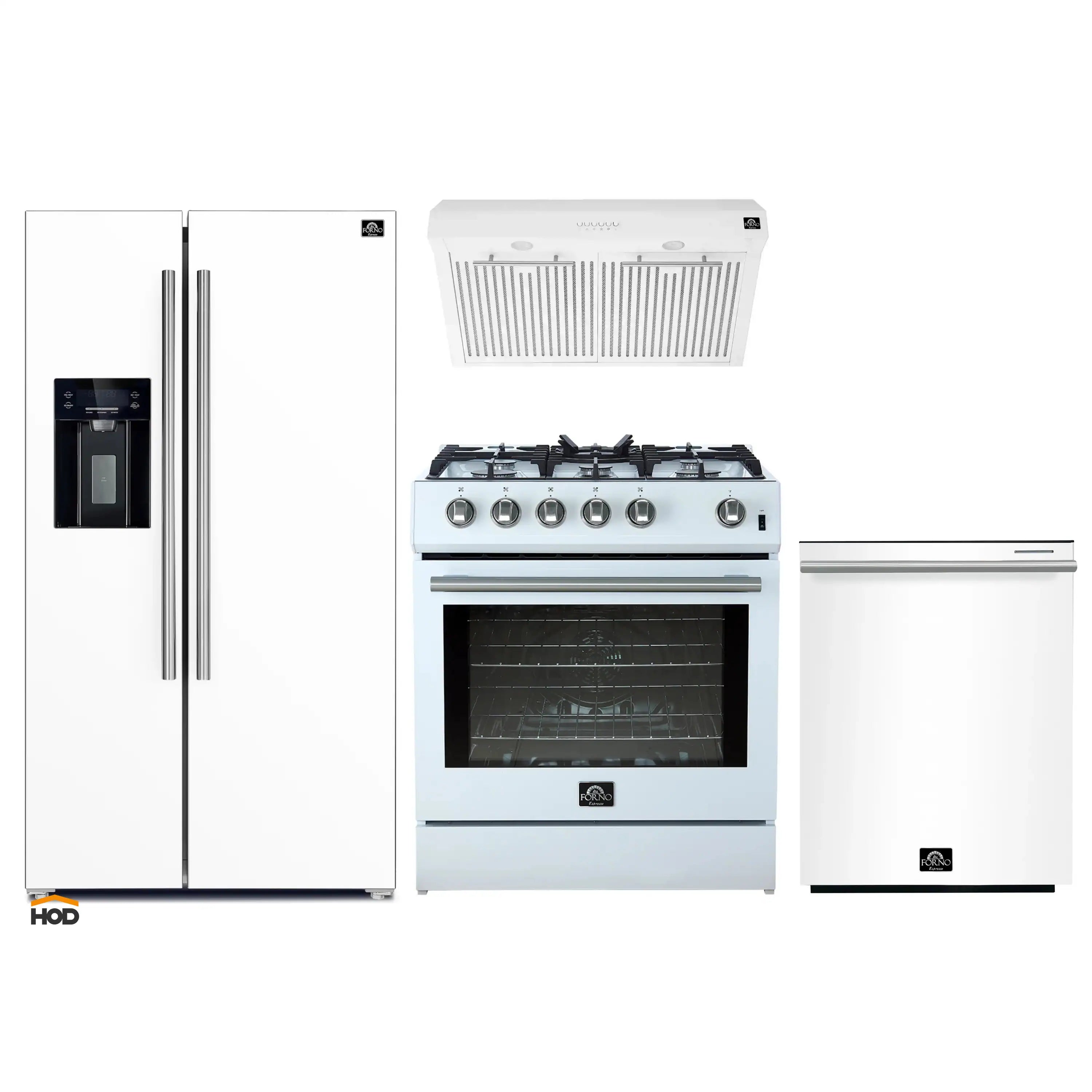 White kitchen appliance set: refrigerator, gas range with hood, and dishwasher with stainless trim