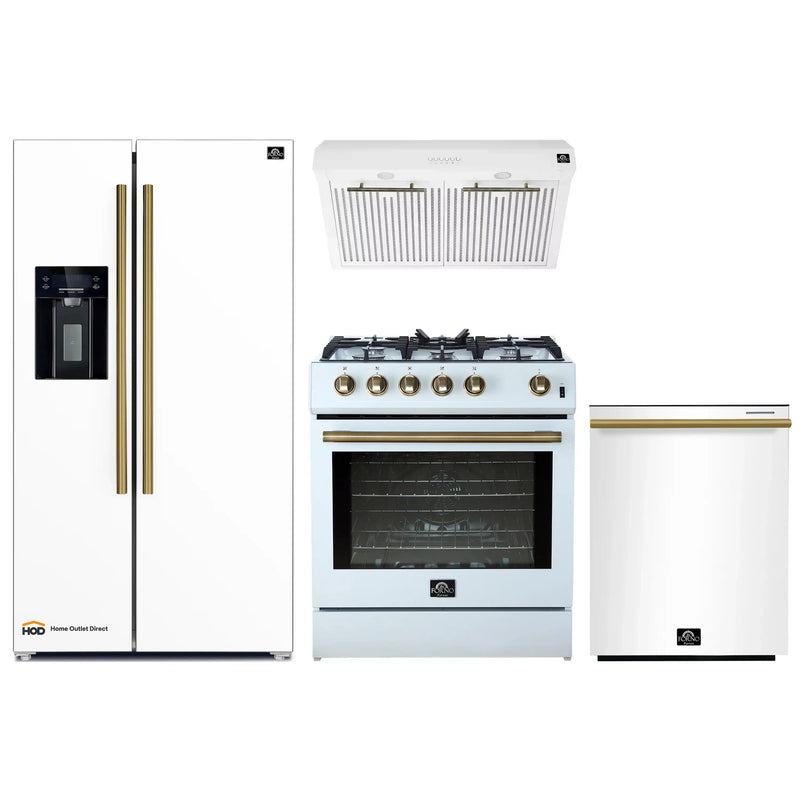 Forno 4-Piece Appliance Package - 30-Inch Gas Range, Under Cabinet Range Hood, Refrigerator with Water Dispenser, and Dishwasher in White with Antique Brass Trim