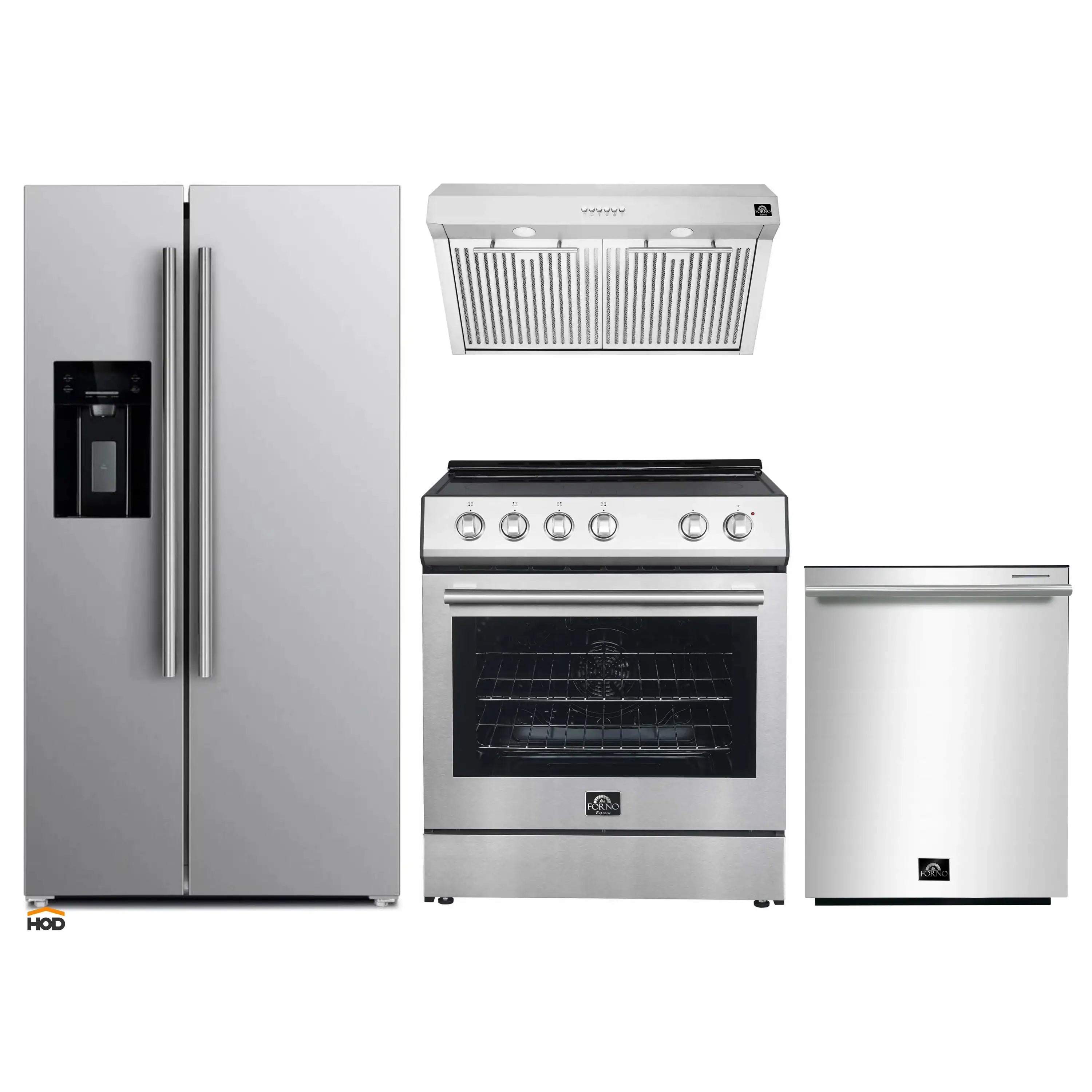 Stainless steel appliance package: refrigerator, electric range, and under-cabinet hood