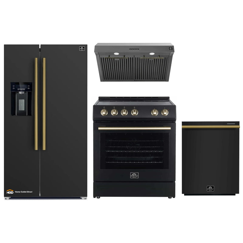 Forno Espresso 4-Piece Appliance Package - 30-Inch Electric Range, Under Cabinet Range Hood, Refrigerator with Water Dispenser and Dishwasher in Black with Antique Brass Trim