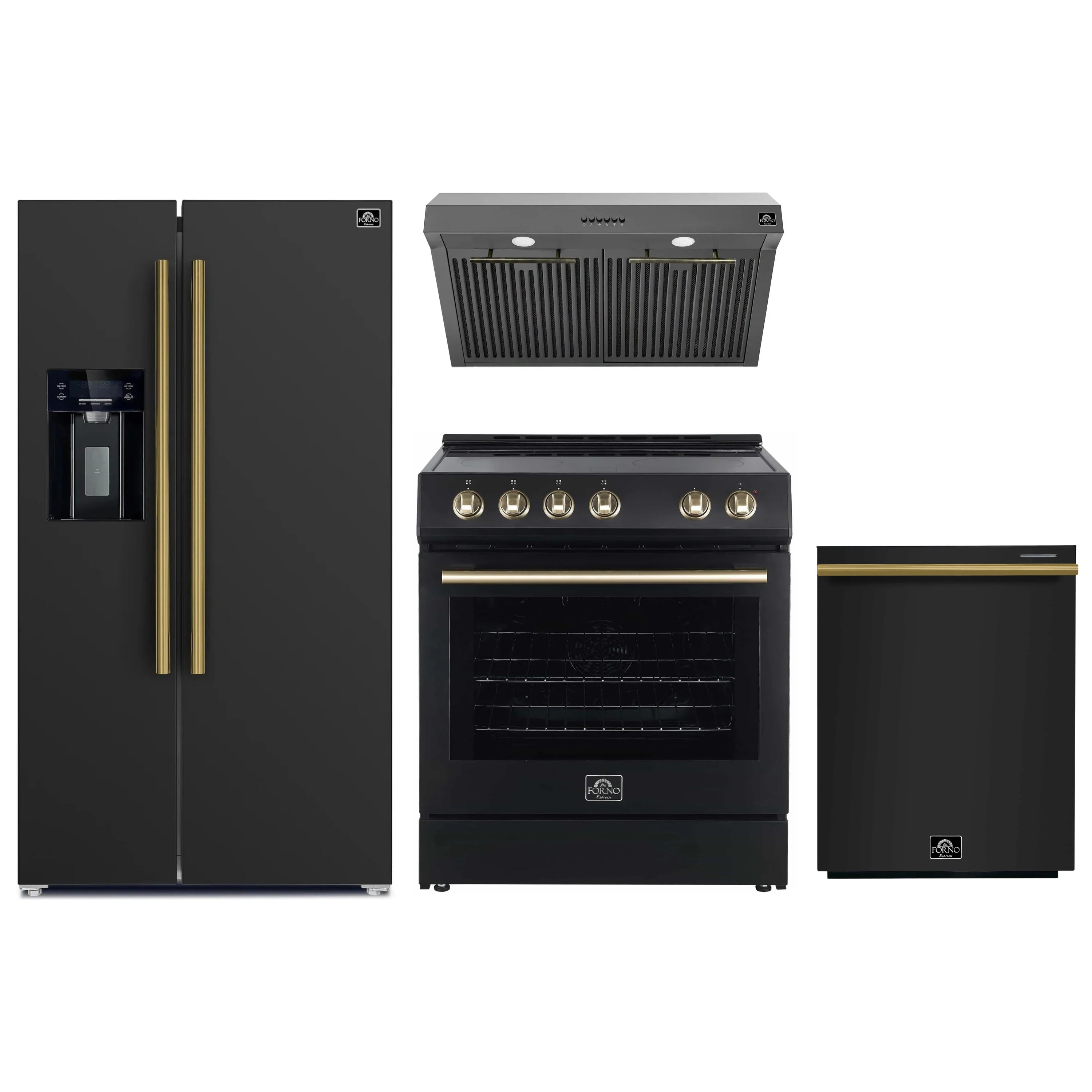 Appliance bundle: black refrigerator, range, and under-cabinet hood with brass accents