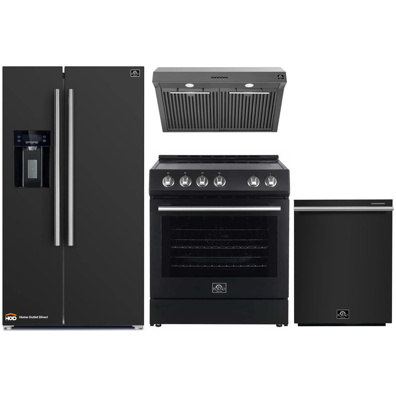 Forno Espresso 4-Piece Appliance Package - 30-Inch Electric Range, Under Cabinet Range Hood, Refrigerator with Water Dispenser and Dishwasher in Black with Stainless Steel Handle