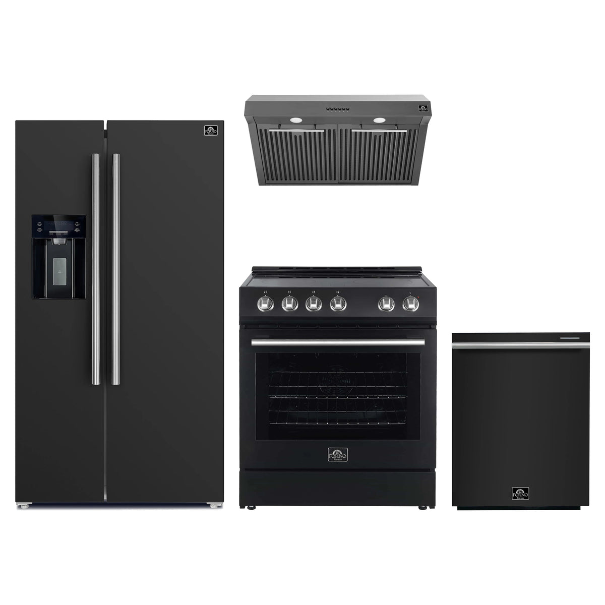 Forno Espresso 4-Piece Appliance Package - 30-Inch Electric Range, Under Cabinet Range Hood, Refrigerator with Water Dispenser and Dishwasher in Black with Stainless Steel Trim