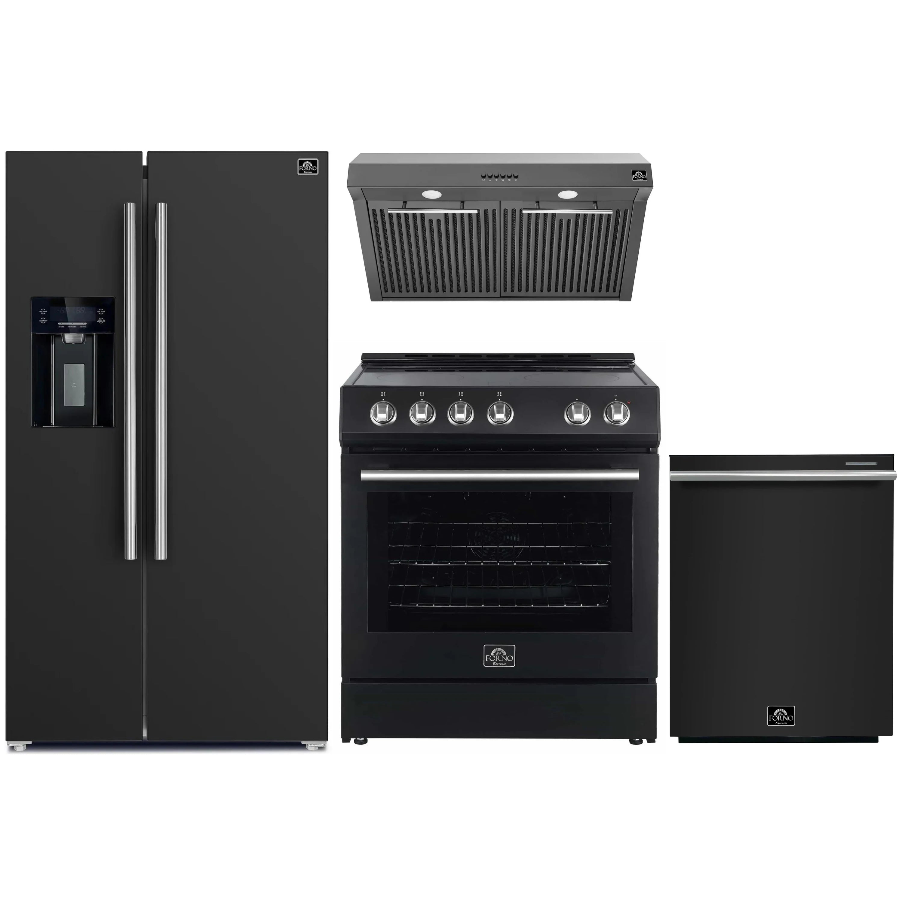 4-piece appliance package in black: refrigerator, electric range, hood, and dishwasher