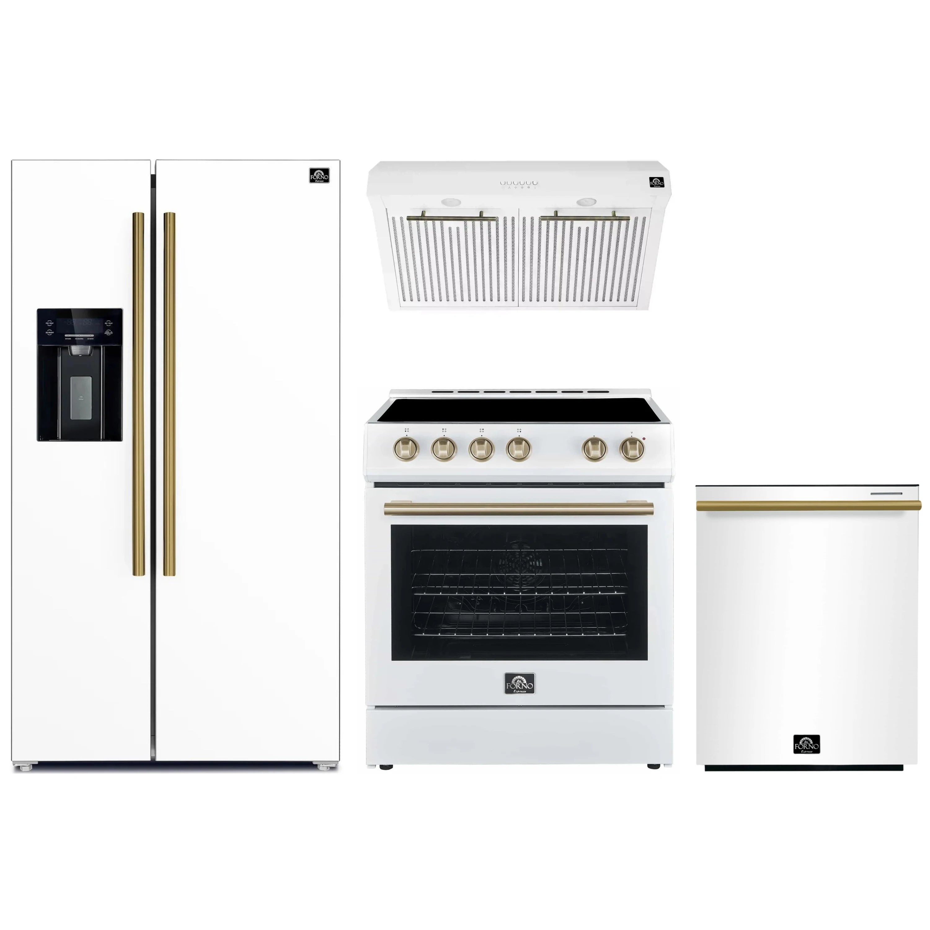 White appliance set with refrigerator, electric range, range hood, and dishwasher