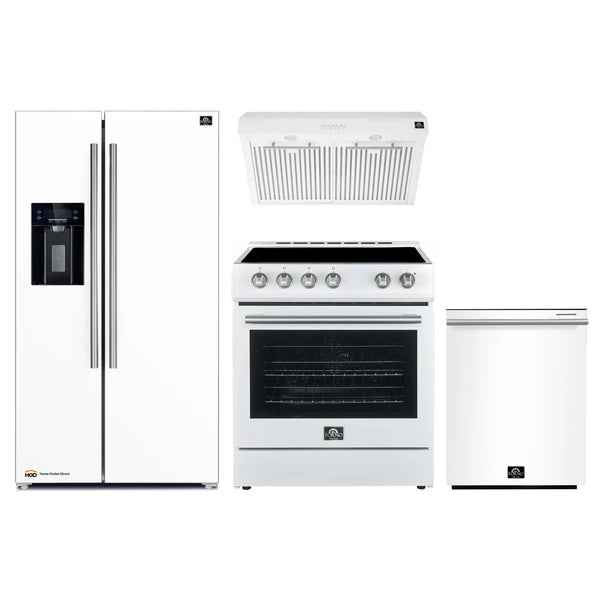 Forno Espresso 4-Piece Appliance Package - 30-Inch Electric Range, Under Cabinet Range Hood, Refrigerator with Water Dispenser and Dishwasher in White with Stainless Steel Handle