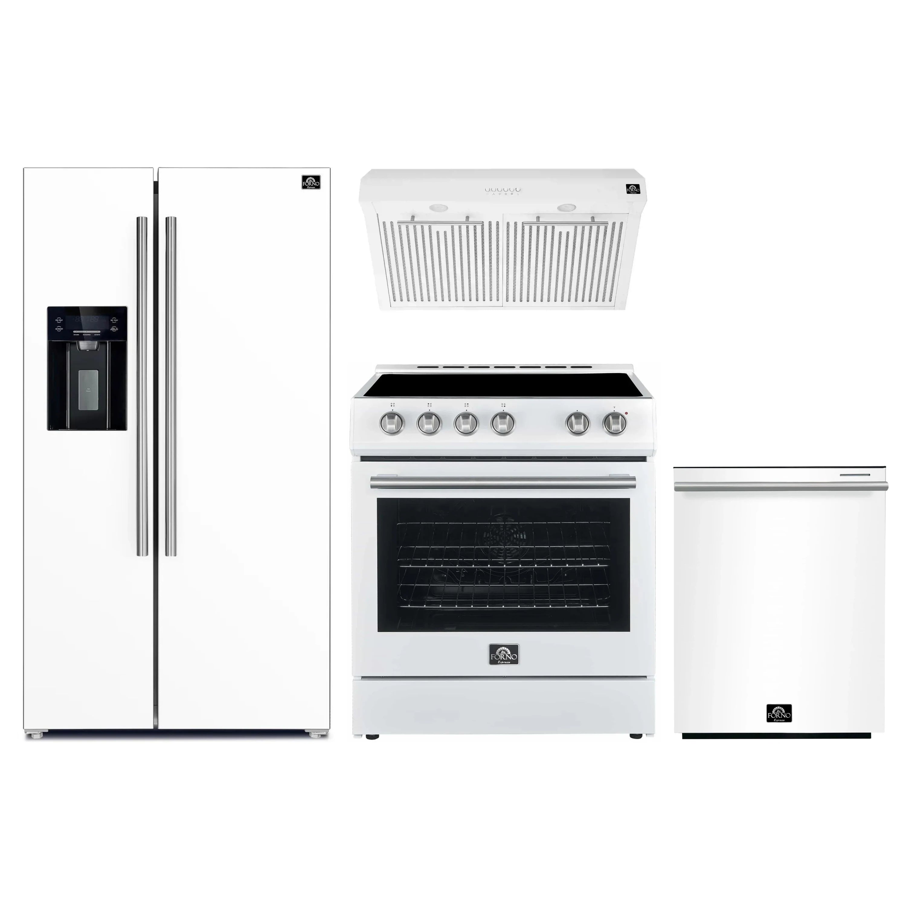 4-piece appliance package with stainless range, refrigerator, and under-cabinet hood in white
