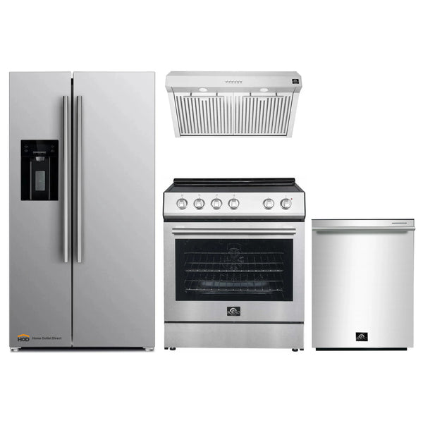 Forno Espresso 4-Piece Appliance Package - 30-Inch Electric Range, Under Cabinet Range Hood, Refrigerator with Water Dispenser and Dishwasher in Stainless Steel