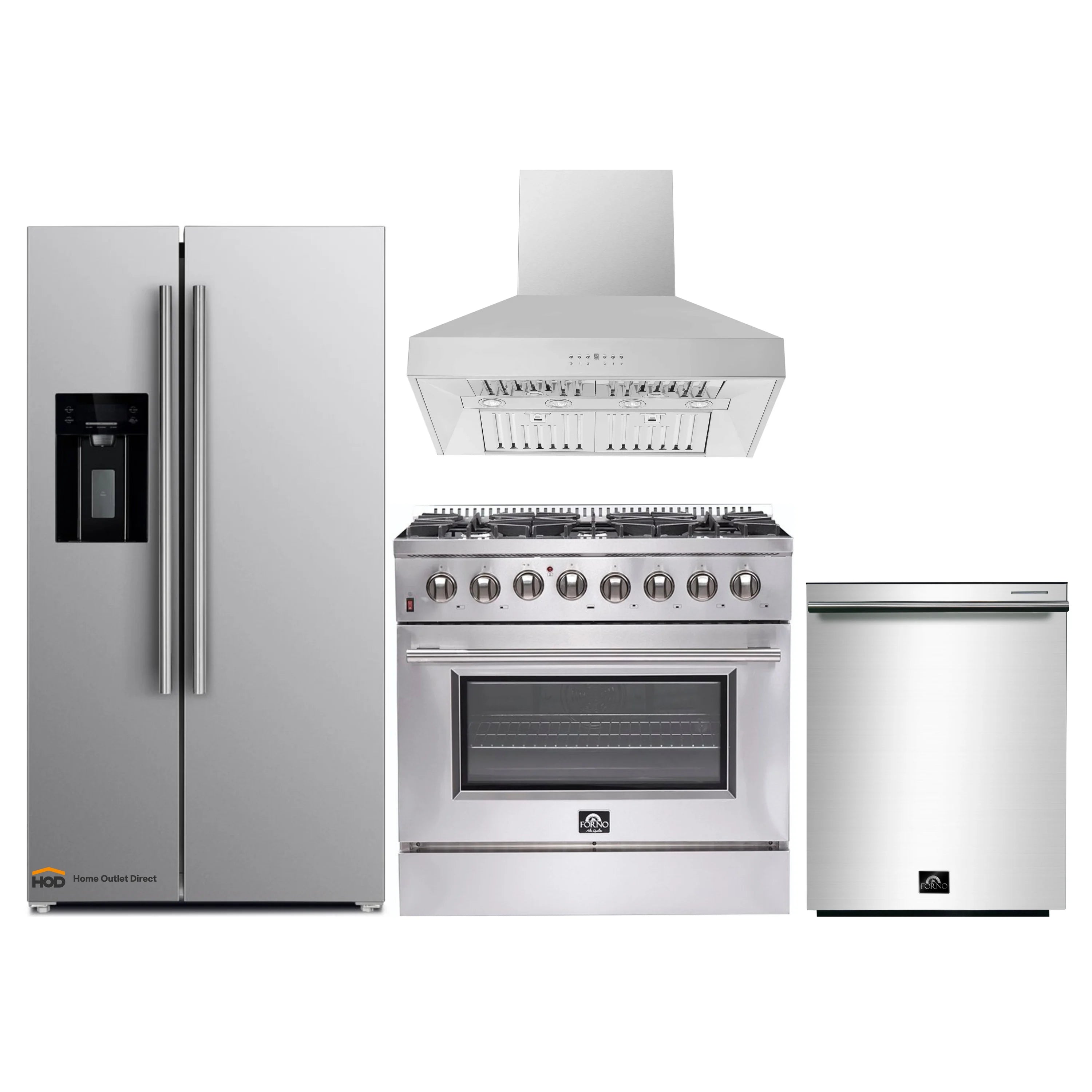 Stainless appliance package: wall hood, dual fuel range, refrigerator, and dishwasher