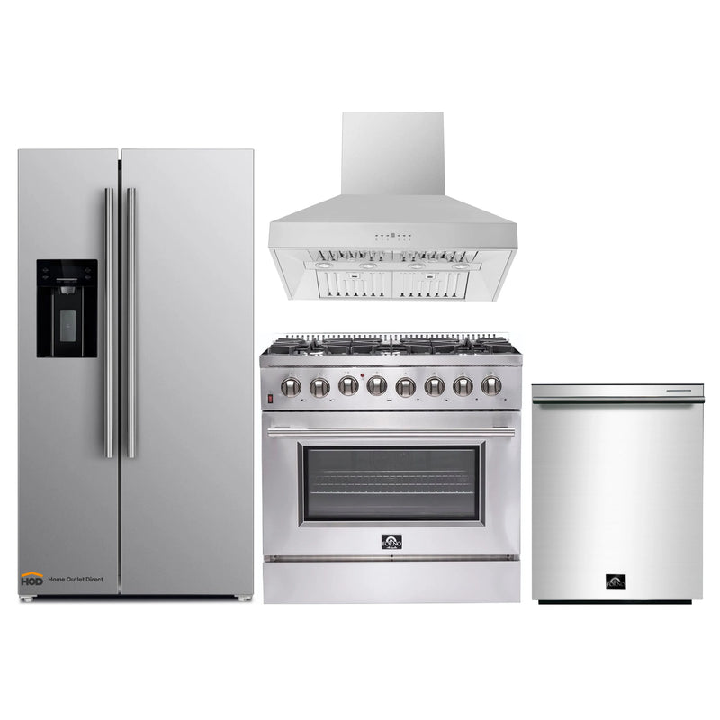 Forno 4-Piece Appliance Package - 36-Inch Dual Fuel Range, Refrigerator with Water Dispenser, Wall Mount Hood, & 3-Rack Dishwasher in Stainless Steel