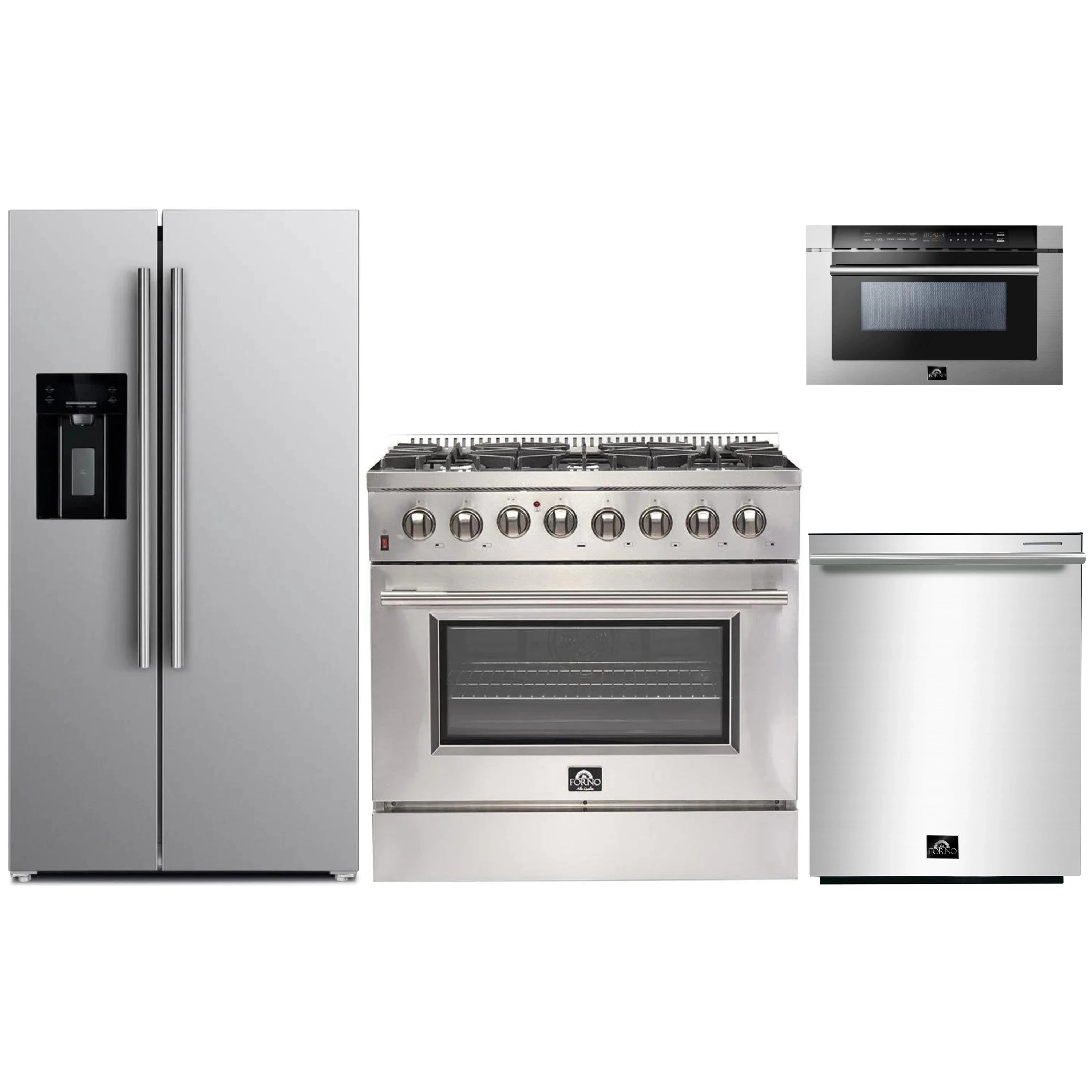 Stainless steel appliance package with range, refrigerator, microwave drawer, dishwasher