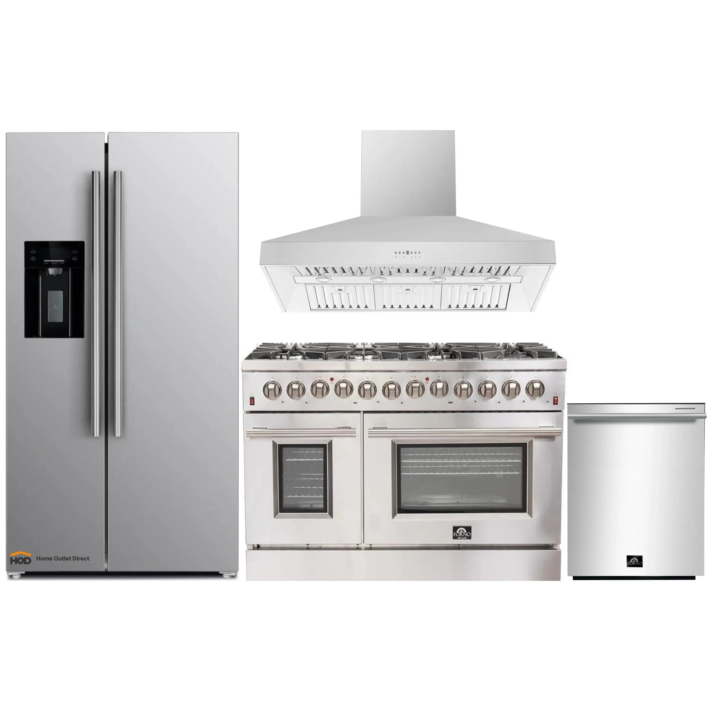 Stainless steel dual fuel range with wall hood and adjoining dishwasher
