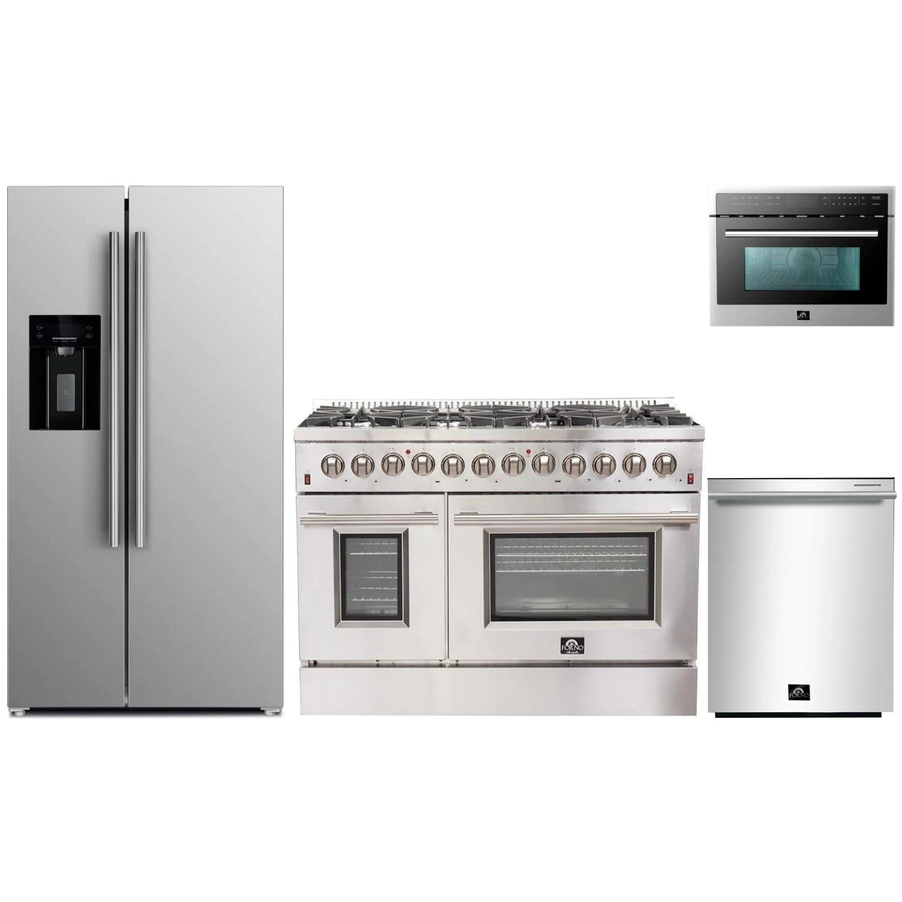 Stainless steel appliance package with range, refrigerator, microwave and dishwasher