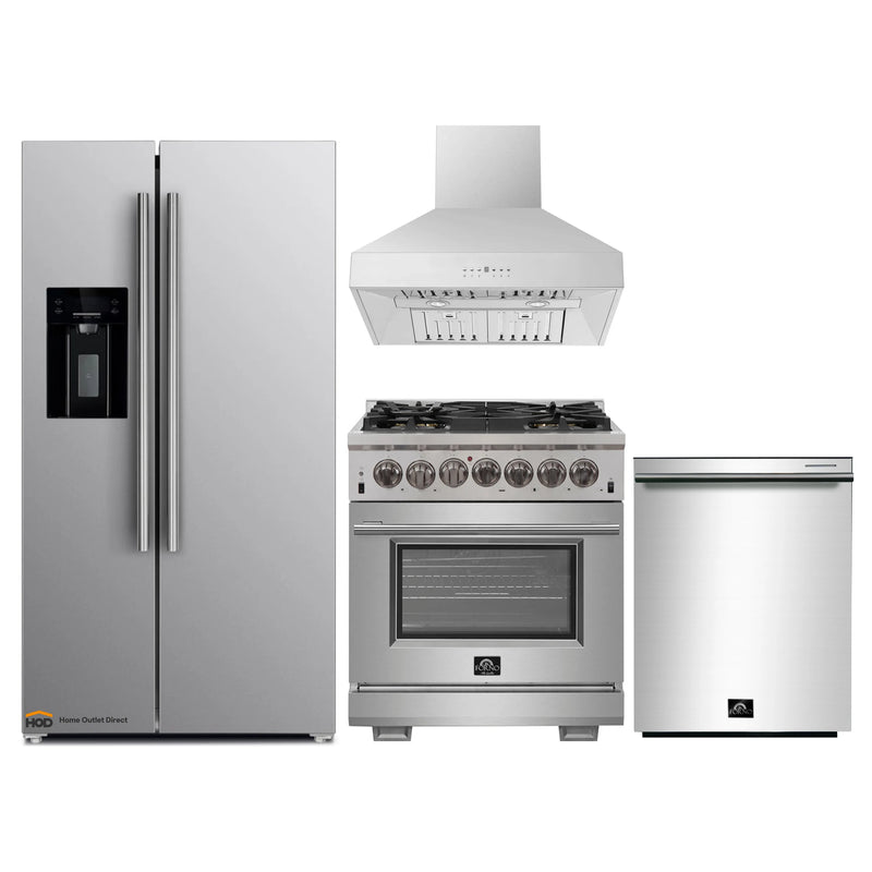 Forno 4-Piece Pro Appliance Package - 30-Inch Dual Fuel Range, Refrigerator with Water Dispenser, Wall Mount Hood, & 3-Rack Dishwasher in Stainless Steel