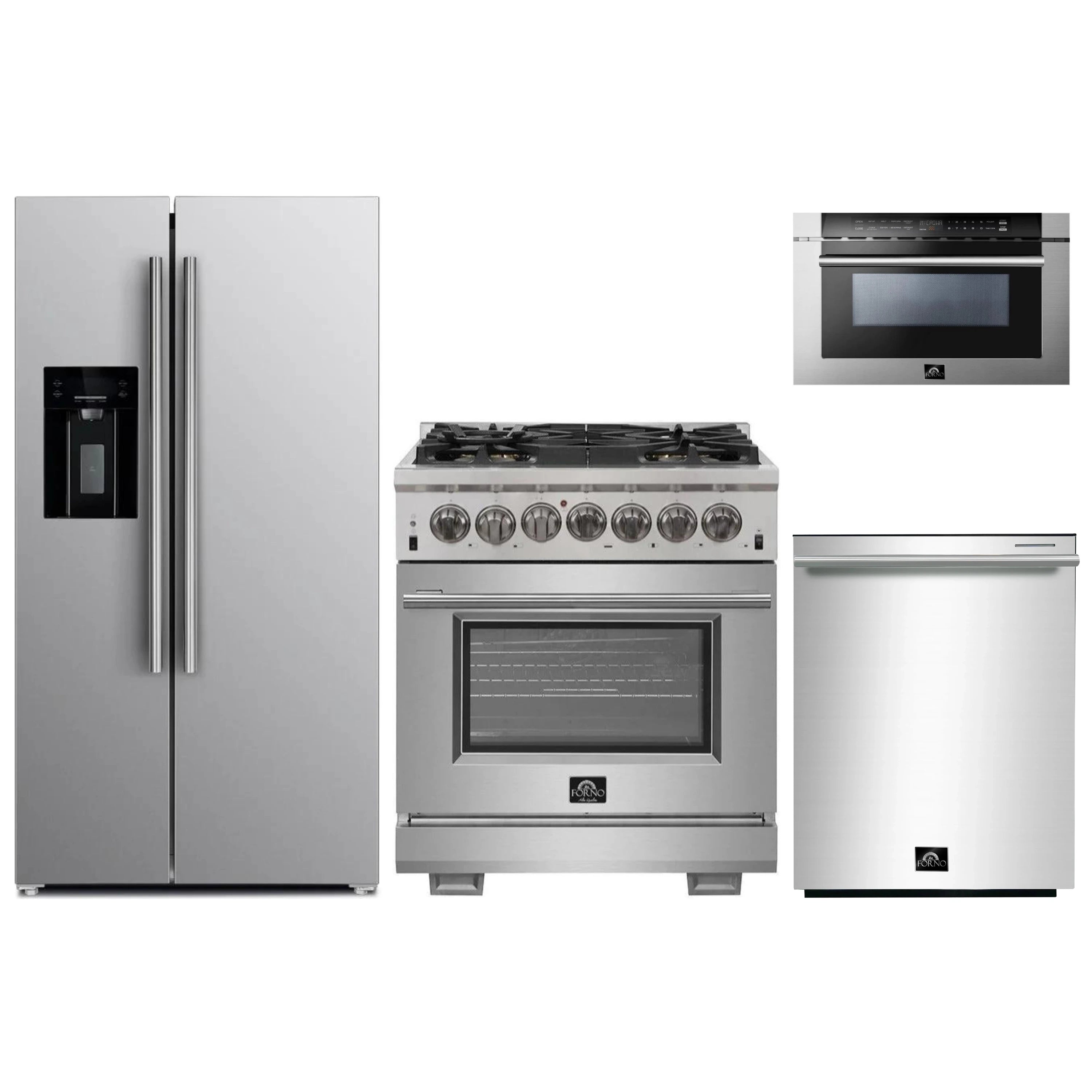 Stainless steel appliance package: refrigerator, range, microwave drawer, dishwasher
