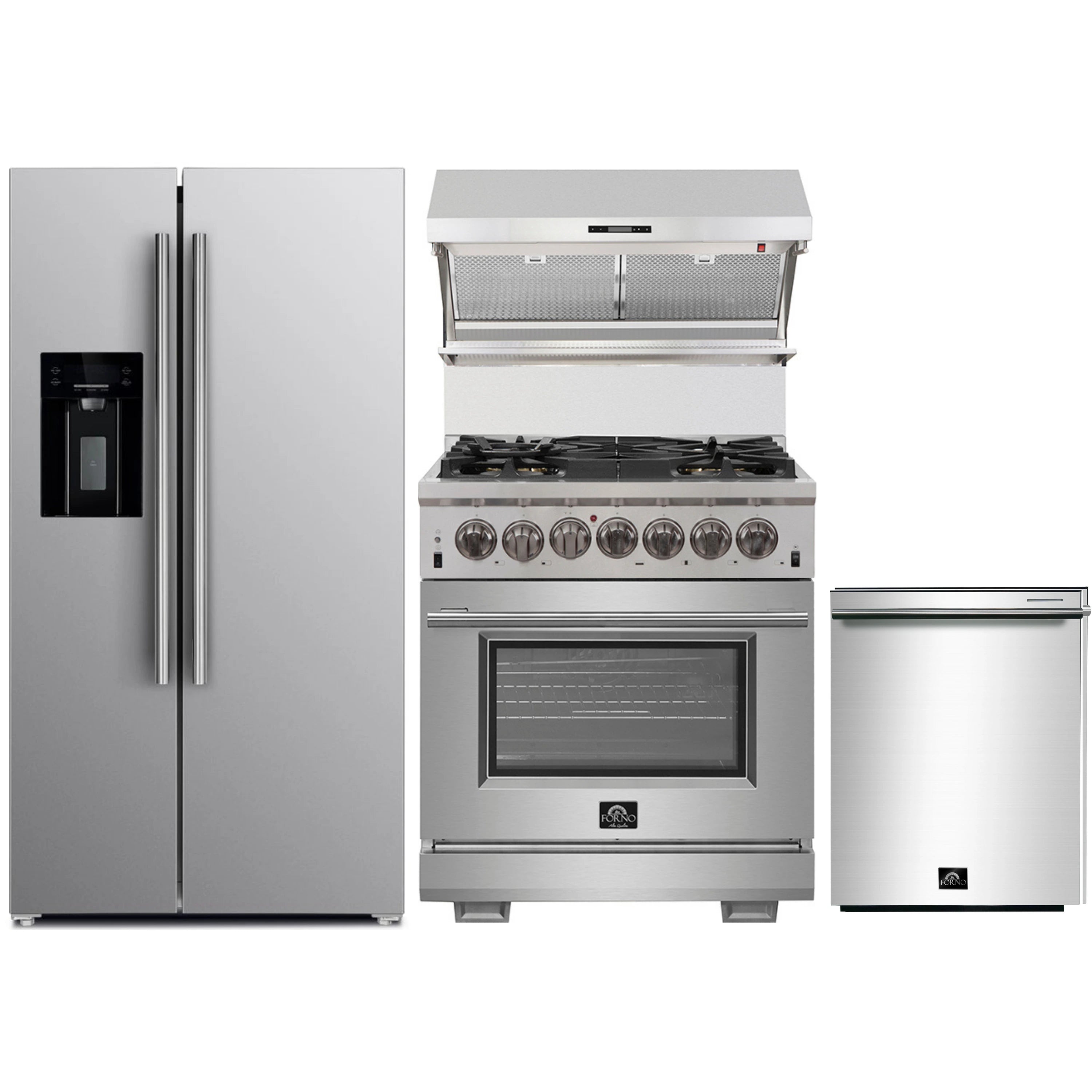 Stainless steel kitchen appliance set with refrigerator, range, and dishwasher