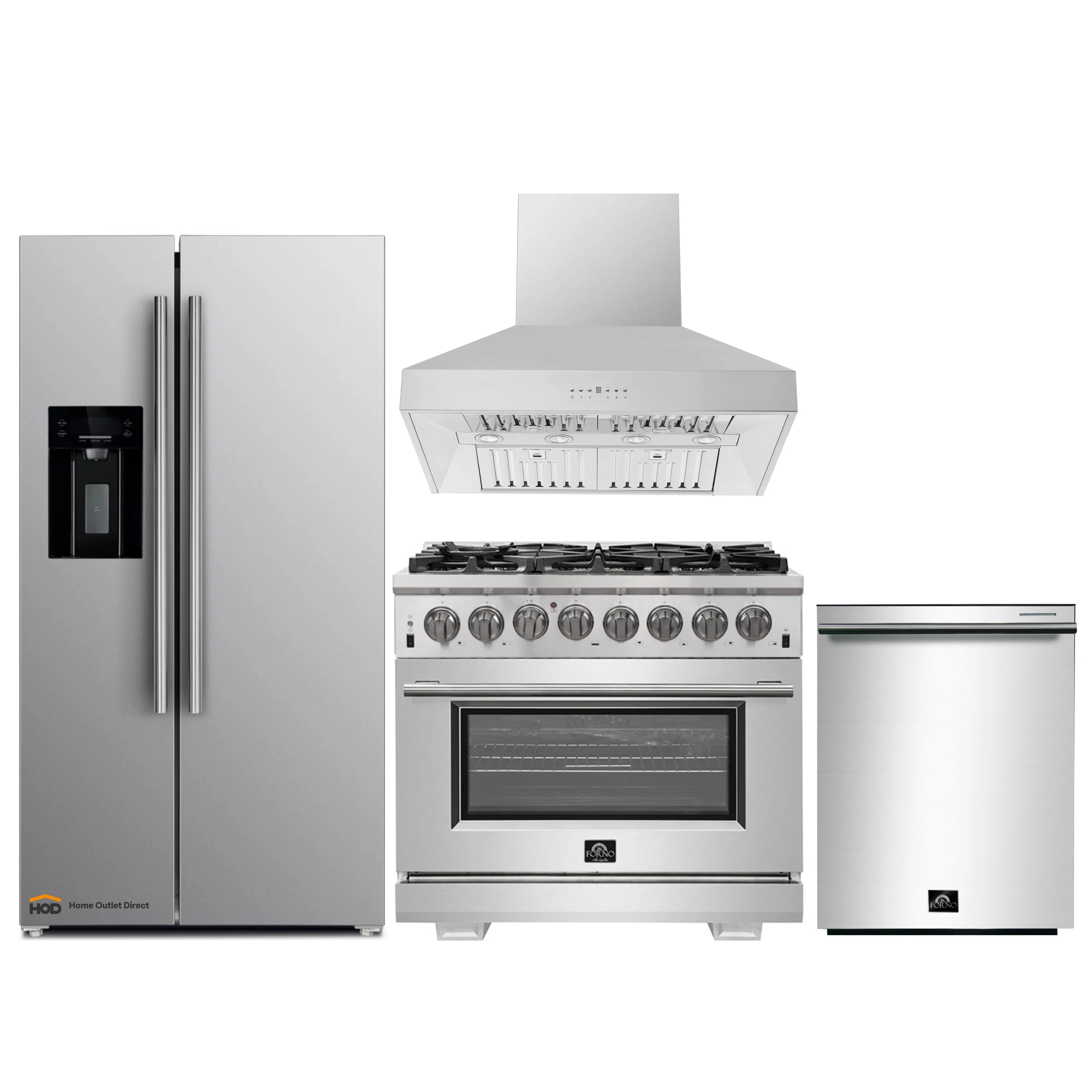 Four-piece stainless steel appliance package: refrigerator, range, hood, and dishwasher