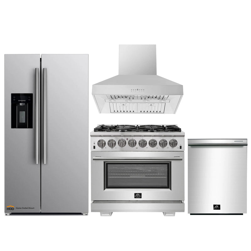 Forno 4-Piece Pro Appliance Package - 36-Inch Dual Fuel Range, Refrigerator with Water Dispenser, Wall Mount Hood, & 3-Rack Dishwasher in Stainless Steel