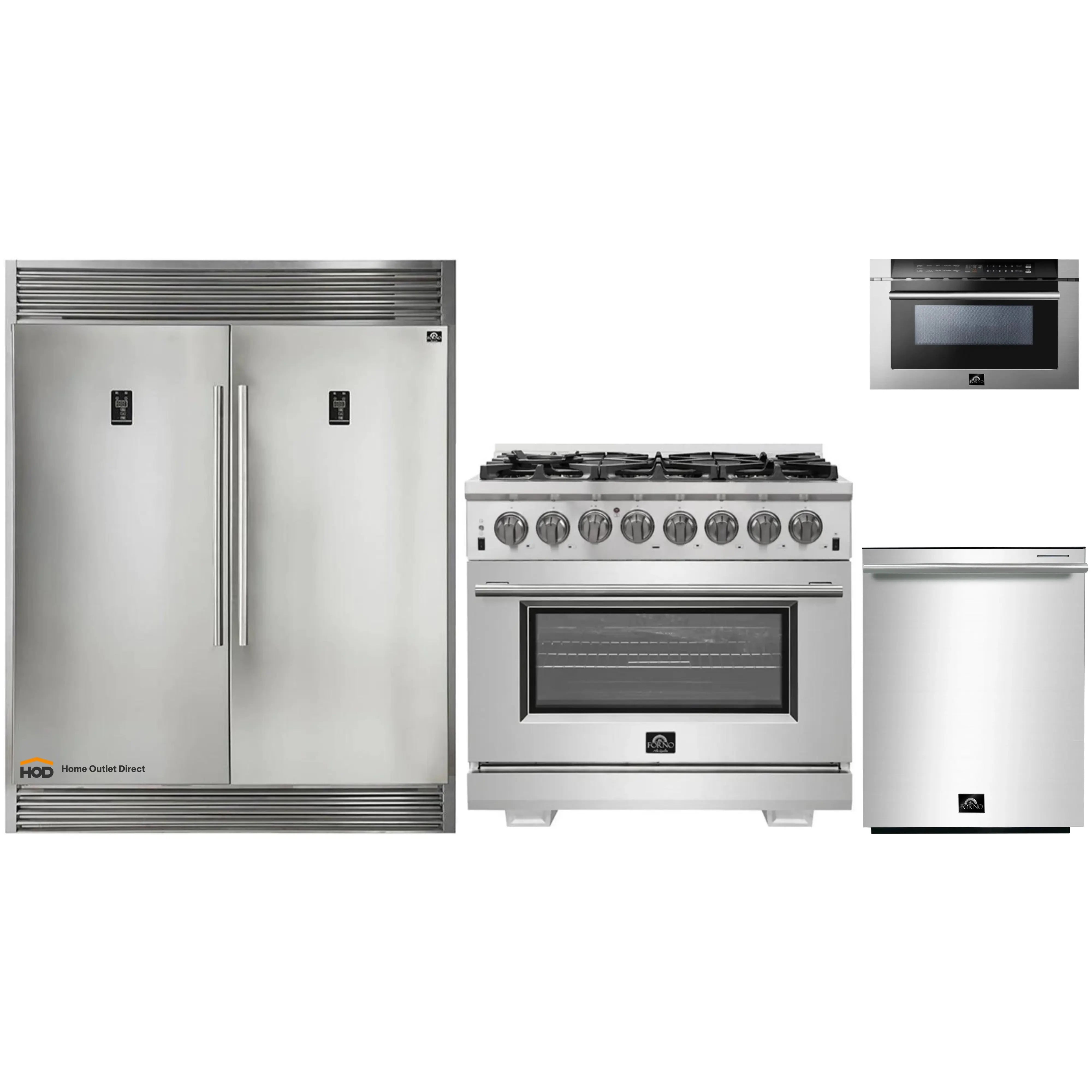 Stainless steel appliance package with refrigerator, range, dishwasher and microwave drawer