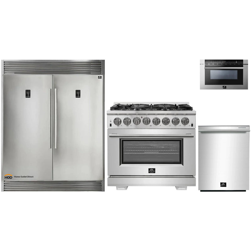 Forno 4-Piece Pro Appliance Package - 36-Inch Dual Fuel Range, Refrigerator with Water Dispenser, Microwave Drawer, & 3-Rack Dishwasher in Stainless Steel