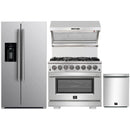 Forno 4-Piece Pro Appliance Package - 36-Inch Dual Fuel Range, Refrigerator with Water Dispenser, Wall Mount Hood with Backsplash, & 3-Rack Dishwasher in Stainless Steel