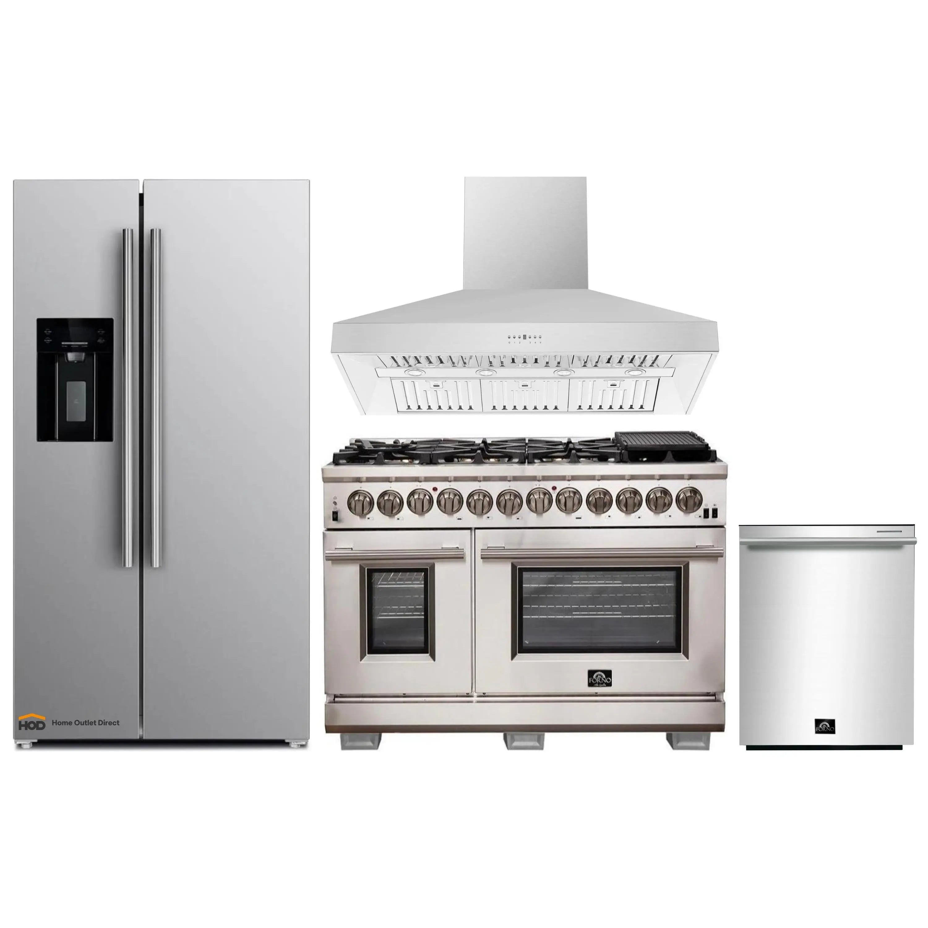 Stainless steel appliance set with refrigerator, dual fuel range, hood, and dishwasher