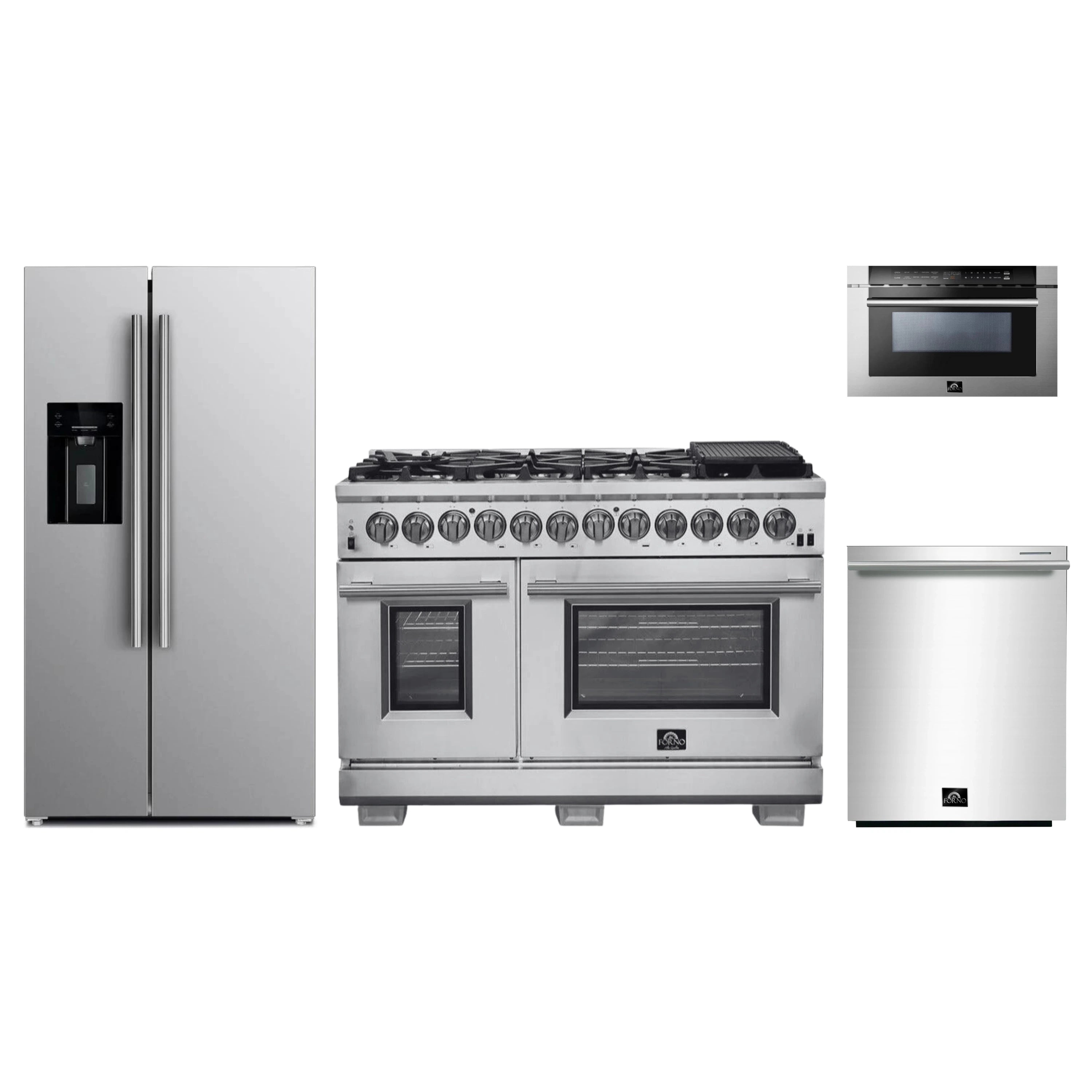Stainless steel appliance package with range, microwave, dishwasher, and refrigerator